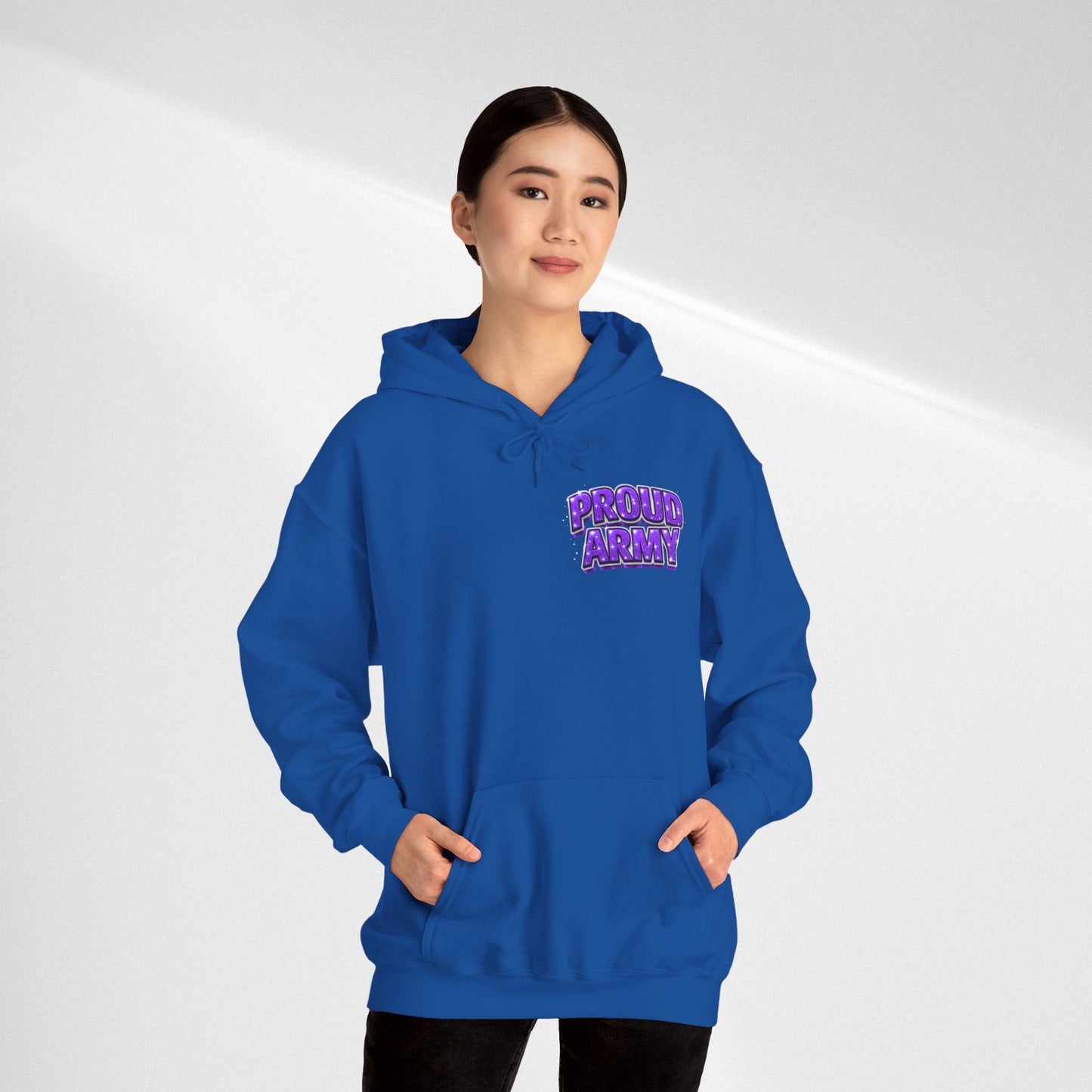 Proud Army Hoodie — Bold Purple Text Military Support Pullover