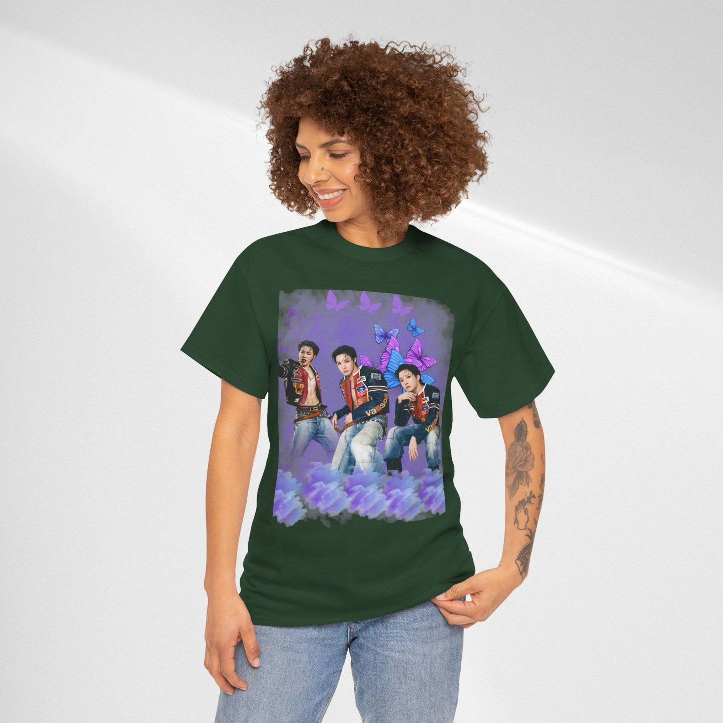 JHOPE Retro Pop Band Portrait Tee — Purple Butterfly Graphic T-Shirt