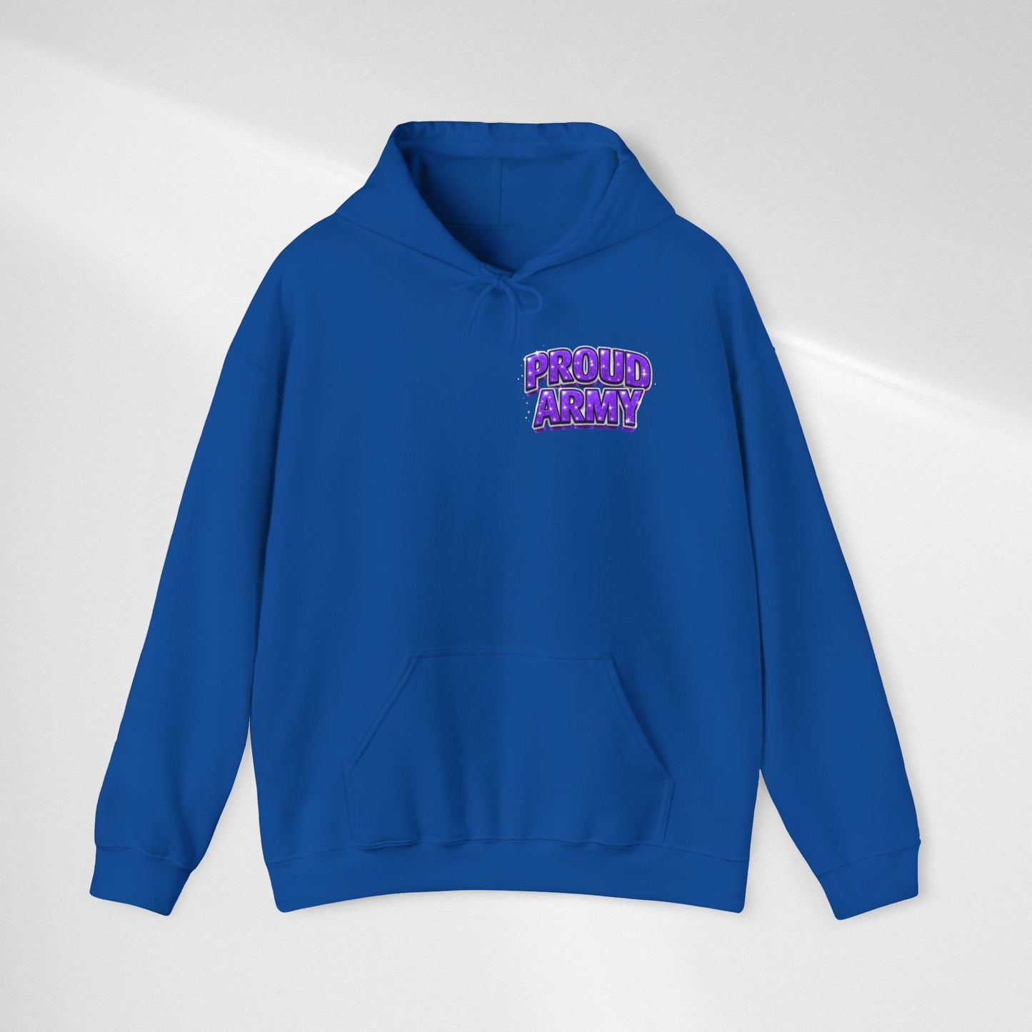 Proud Army Hoodie — Bold Purple Text Military Support Pullover