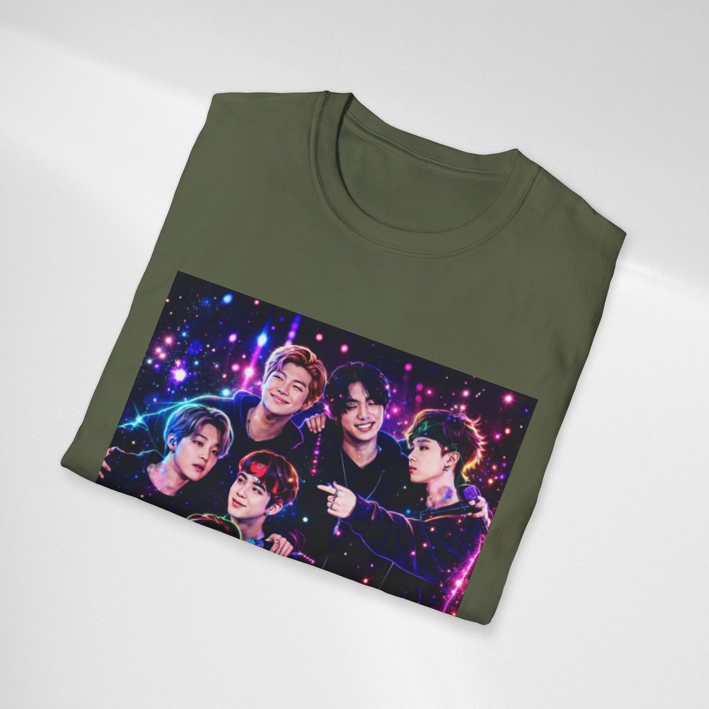 BTS K-Pop Group Photo Tee — Colorful Neon Concert Band Shirt