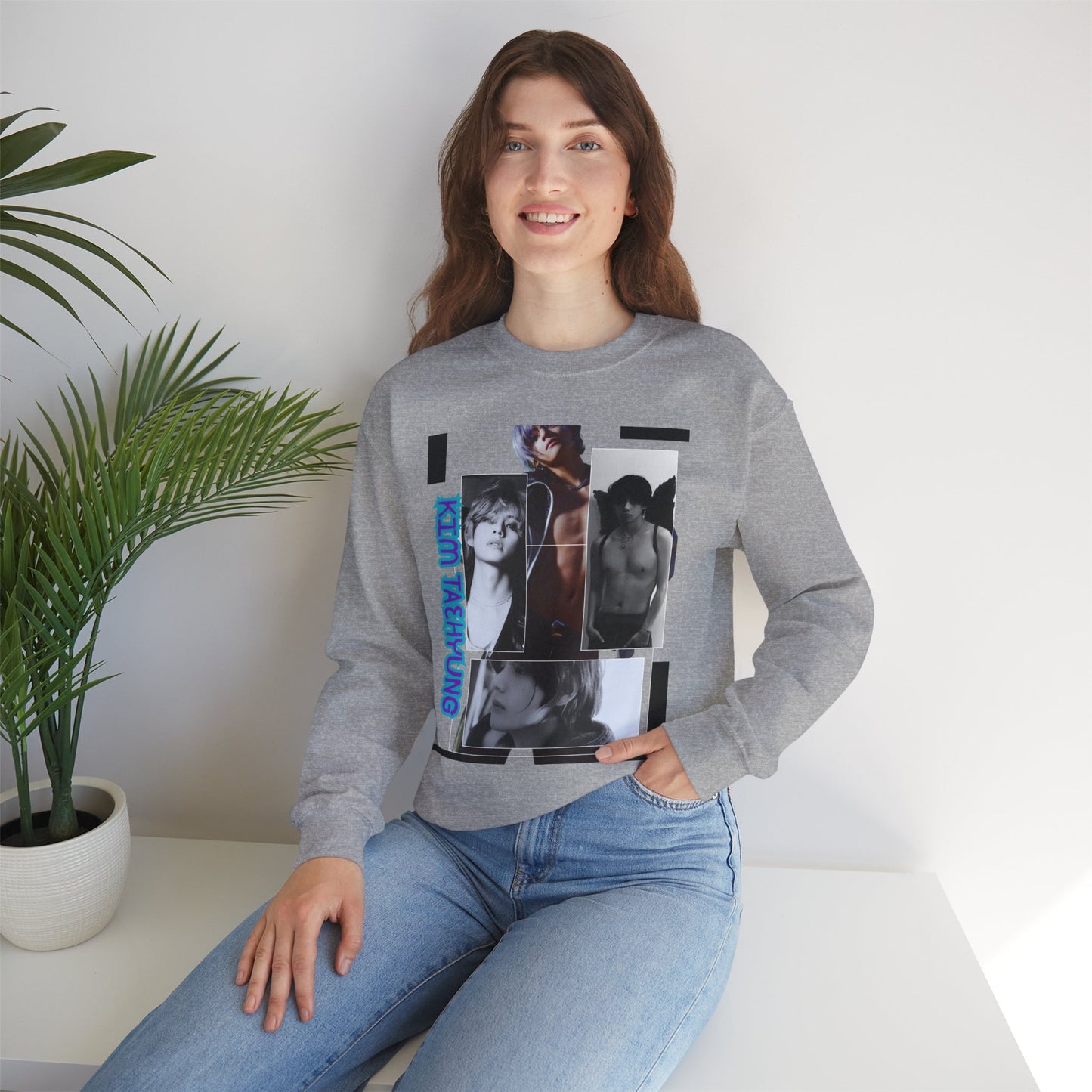 Collage Photo Crewneck Sweatshirt — Retro Portraits with Blue 'KPOP TAEHYUNG' Text