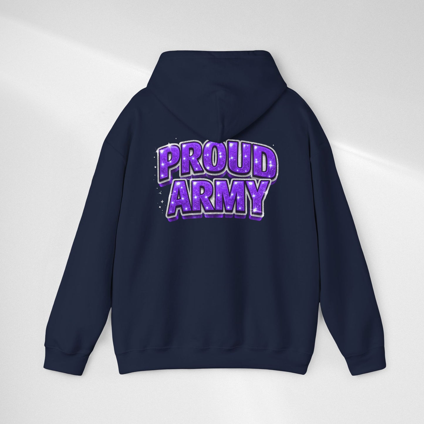 Proud Army Hoodie — Bold Purple Text Military Support Pullover