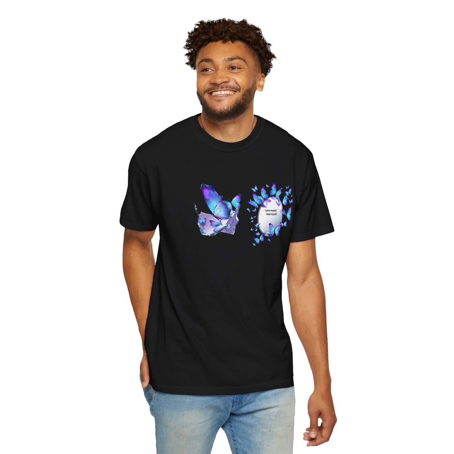 Butterfly Heart T-Shirt — Blue Watercolor Butterflies & "Everyone Deserves Love" Design