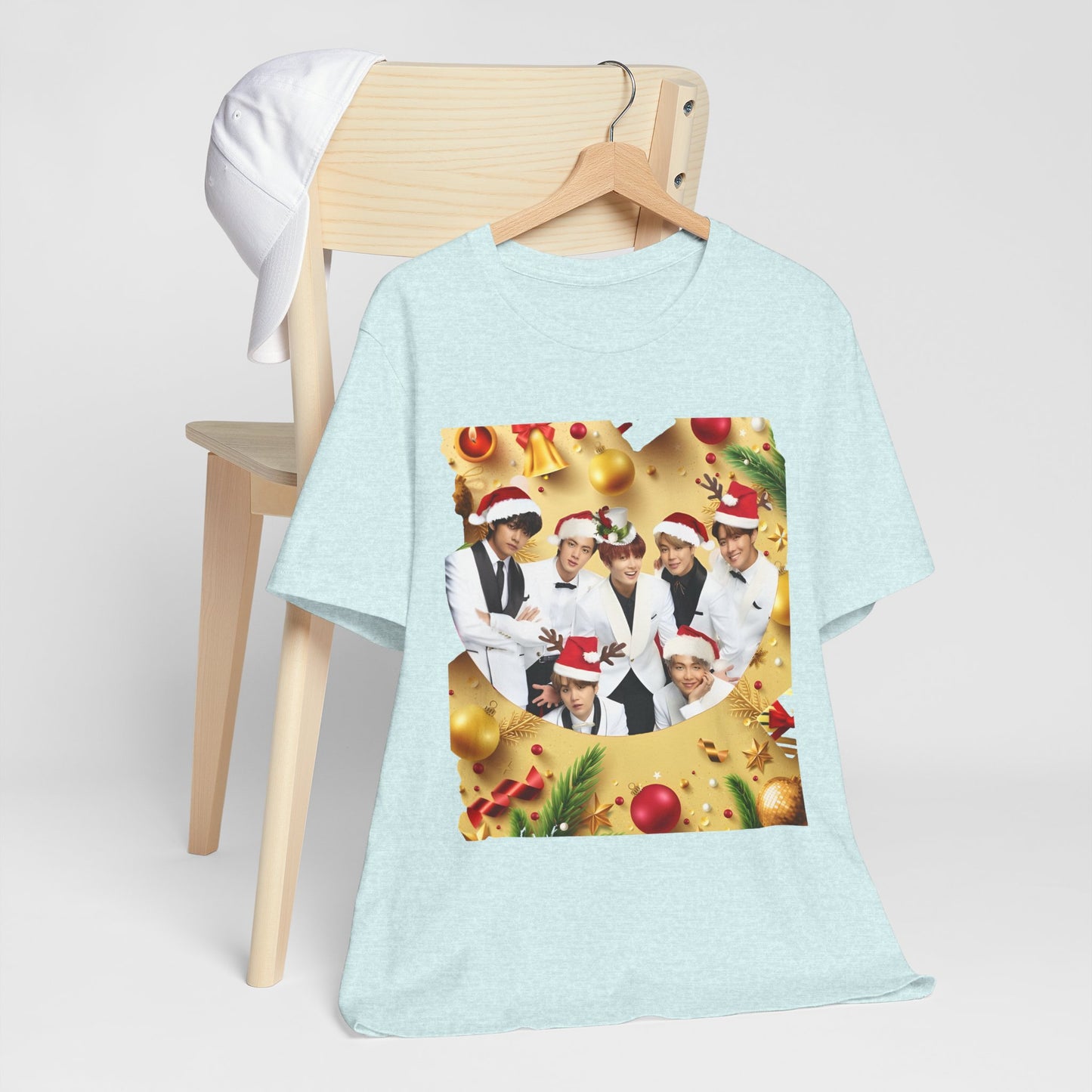 Christmas BTS Photo T‑Shirt — Holiday Santa Hat Group Design
