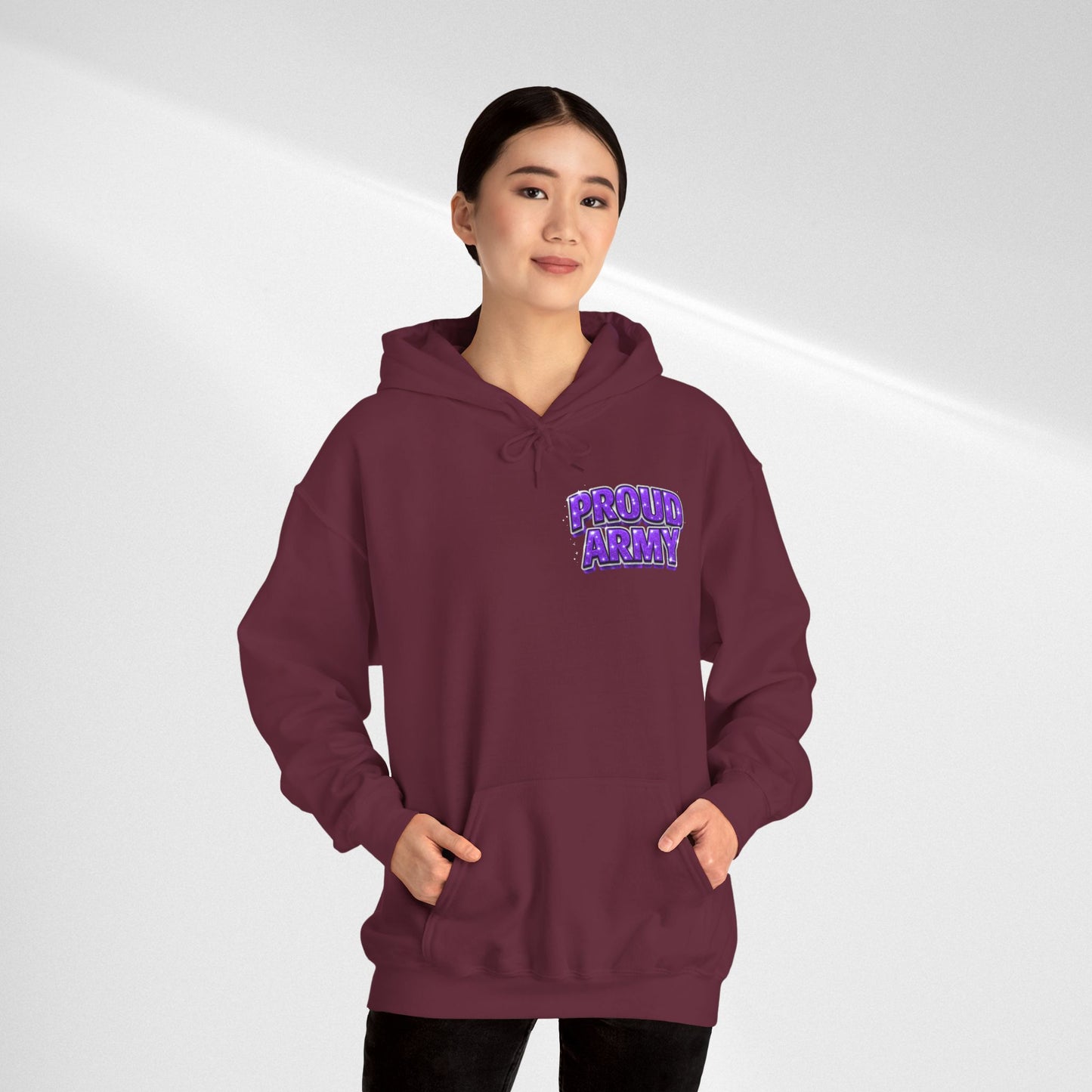 Proud Army Hoodie — Bold Purple Text Military Support Pullover