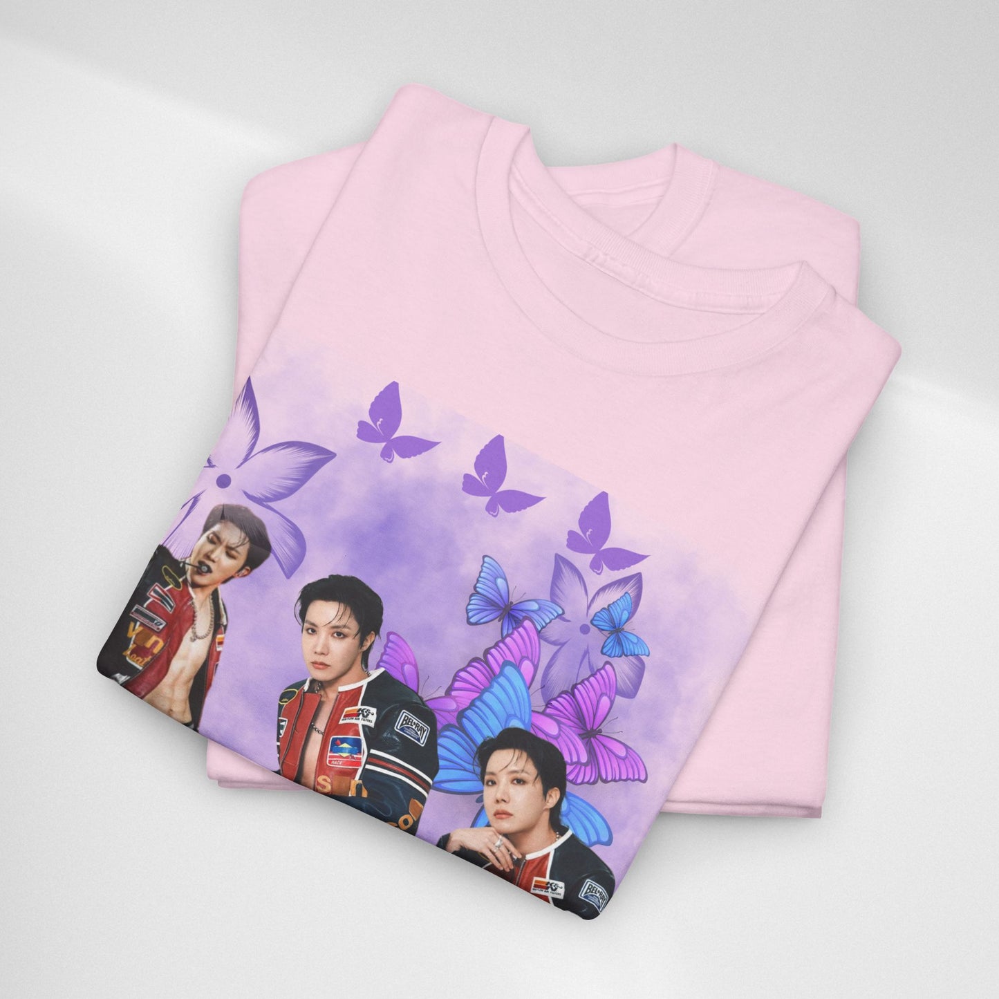 JHOPE Retro Pop Band Portrait Tee — Purple Butterfly Graphic T-Shirt