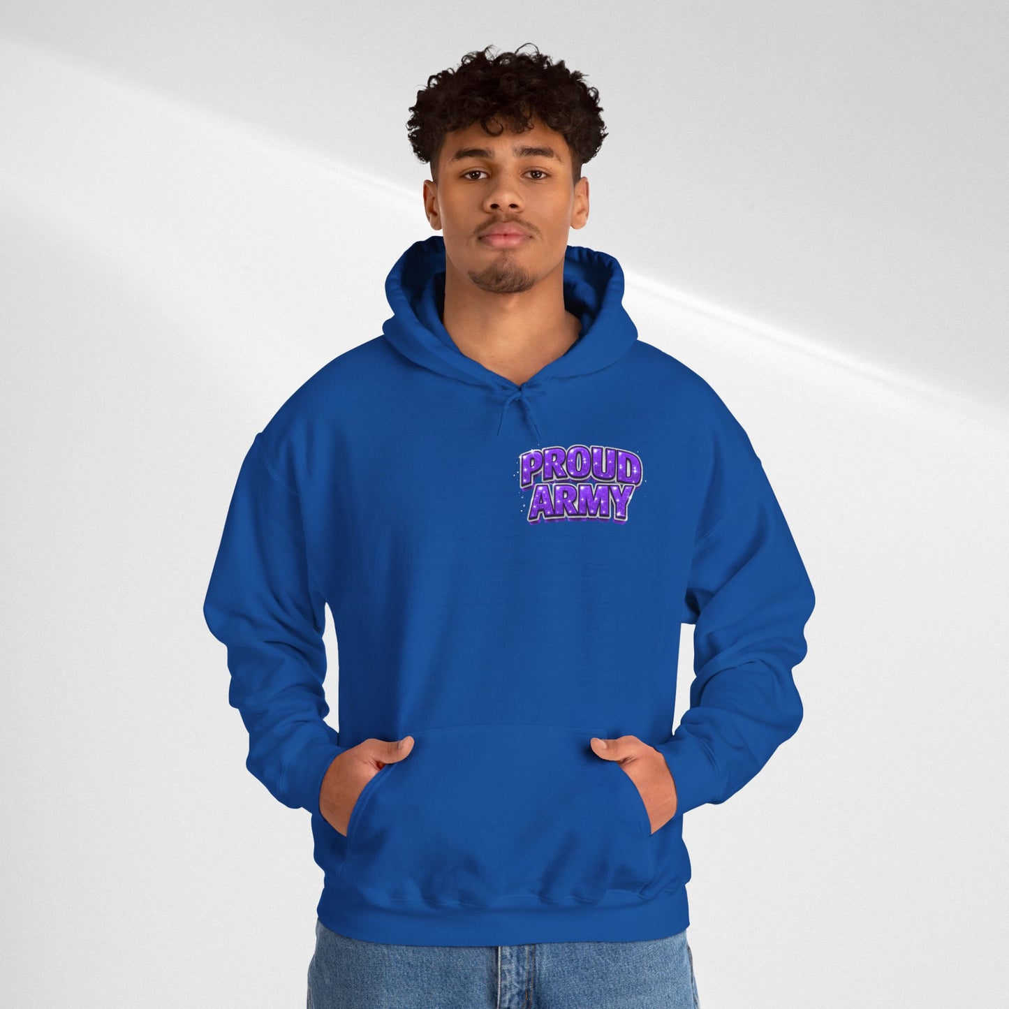 Proud Army Hoodie — Bold Purple Text Military Support Pullover