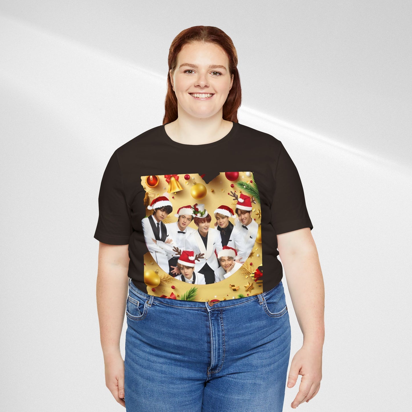 Christmas BTS Photo T‑Shirt — Holiday Santa Hat Group Design