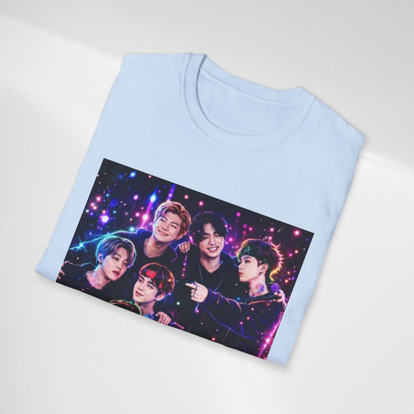 BTS K-Pop Group Photo Tee — Colorful Neon Concert Band Shirt