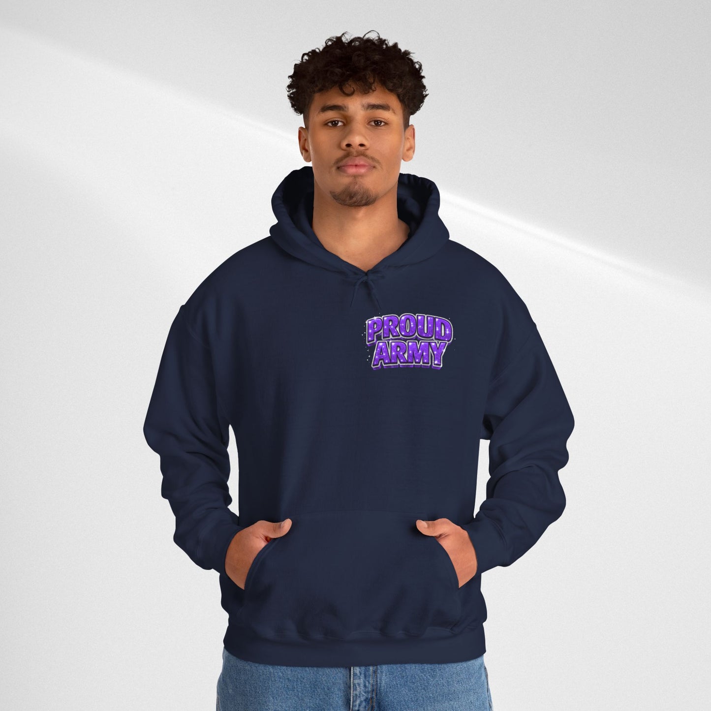Proud Army Hoodie — Bold Purple Text Military Support Pullover