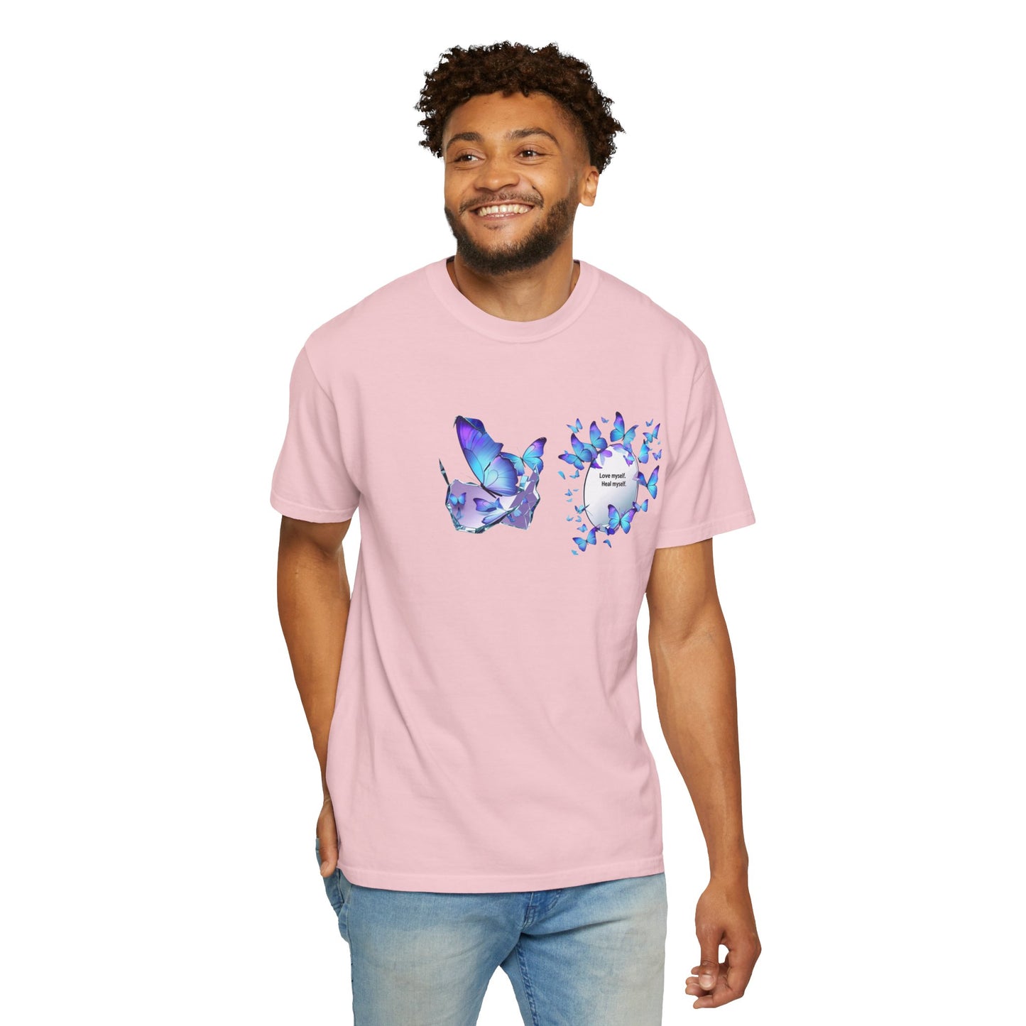 Butterfly Heart T-Shirt — Blue Watercolor Butterflies & "Everyone Deserves Love" Design