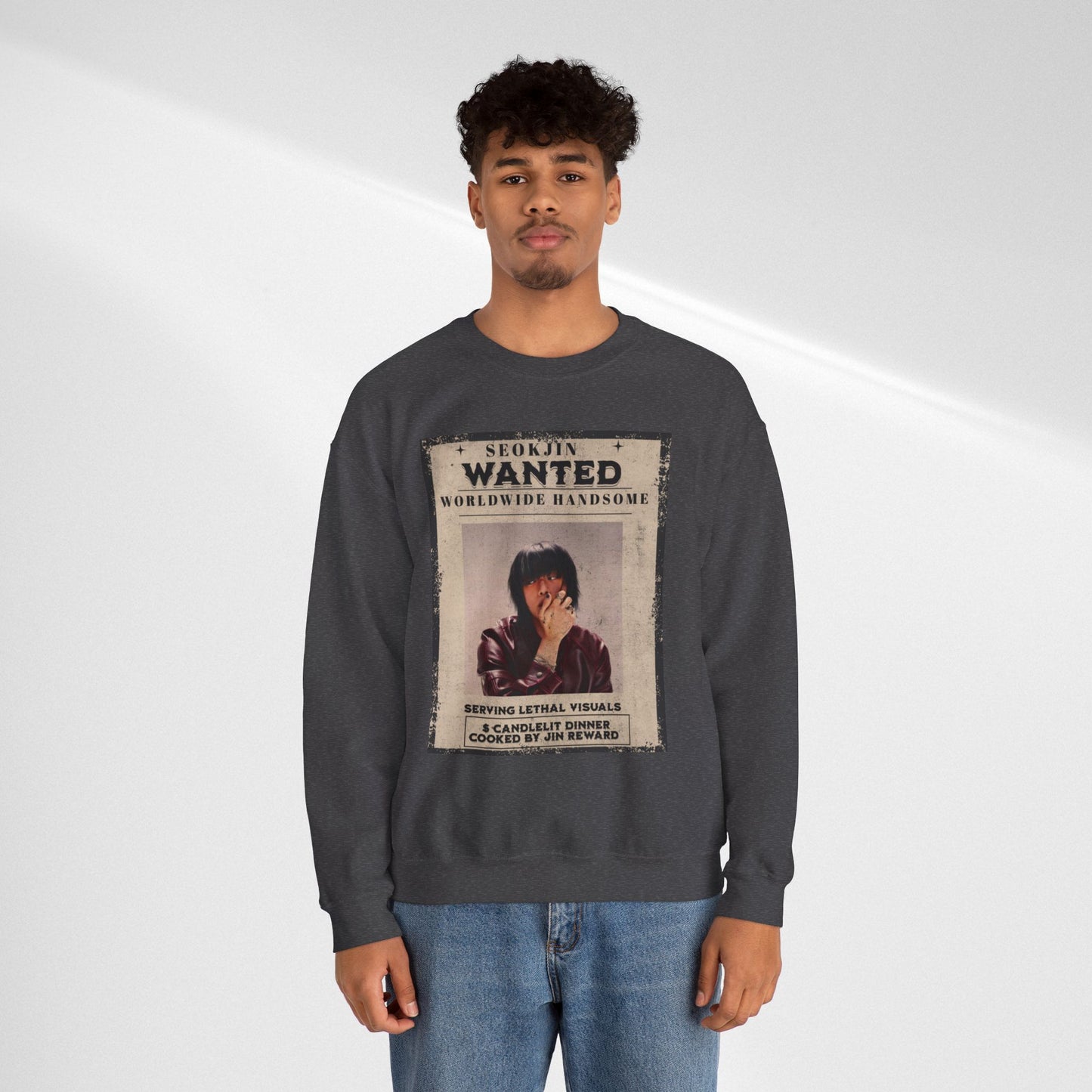 Wanted Poster Crewneck Sweatshirt — "Seokjin Wanted: Worldwide Handsome" Vintage K-pop Pullover