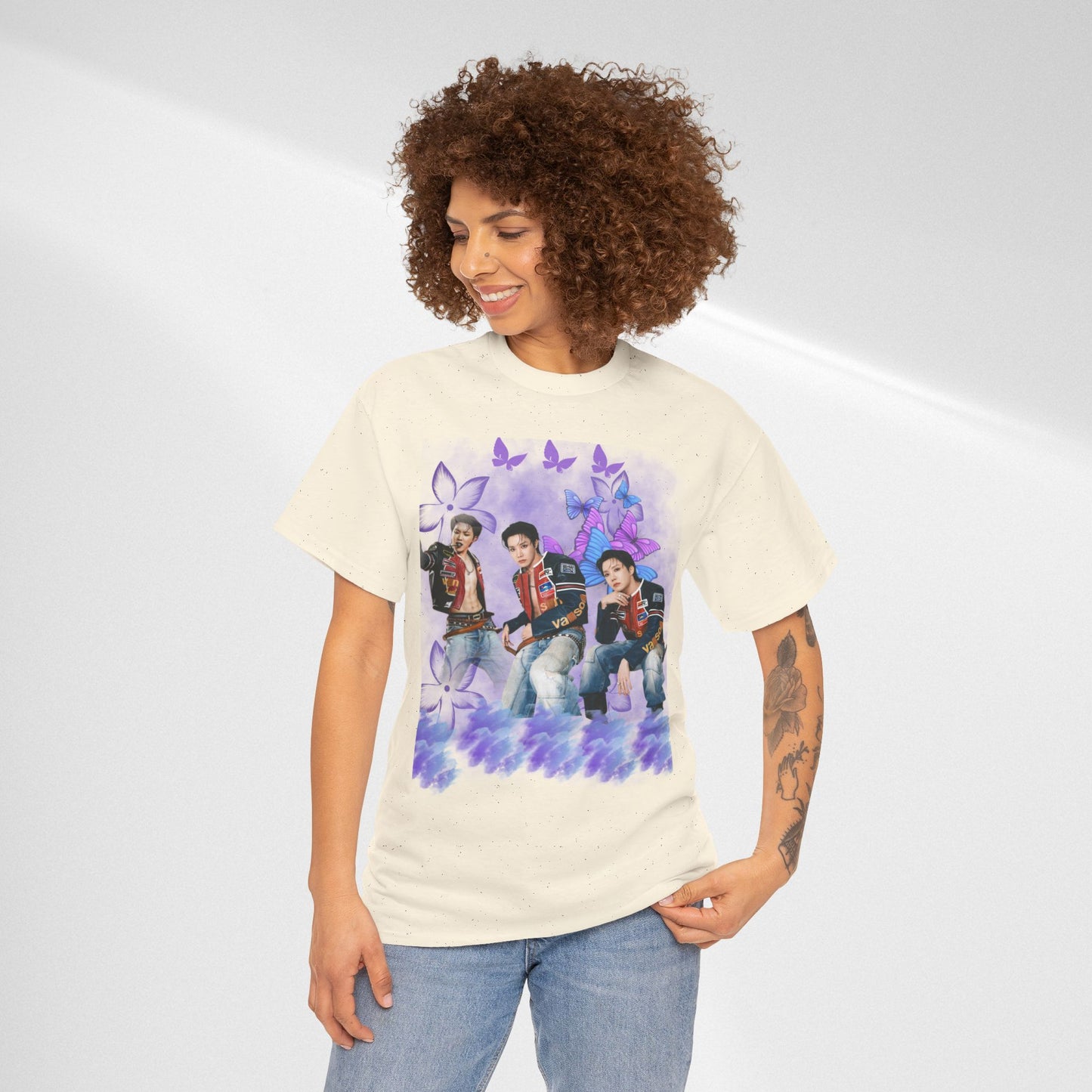 JHOPE Retro Pop Band Portrait Tee — Purple Butterfly Graphic T-Shirt