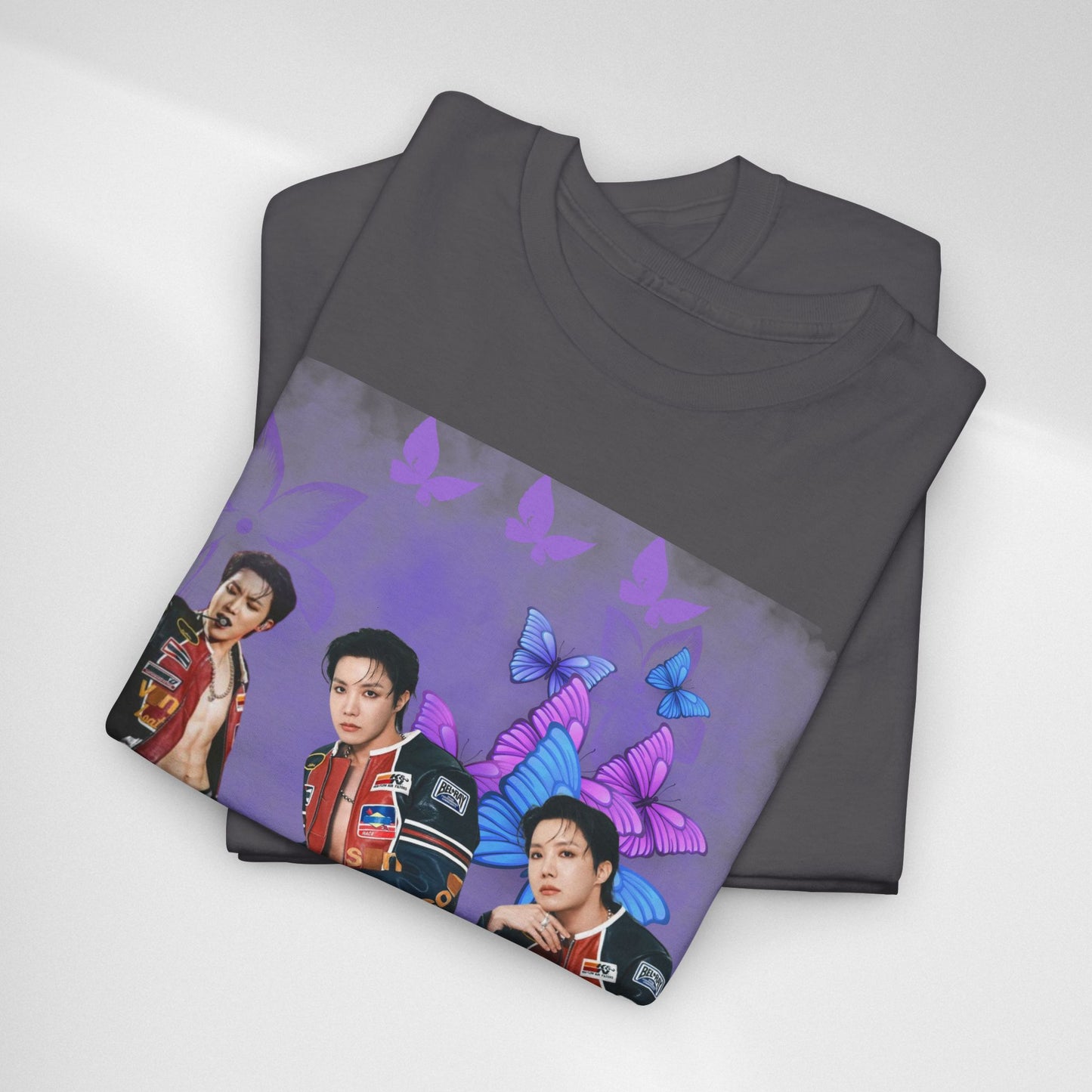 JHOPE Retro Pop Band Portrait Tee — Purple Butterfly Graphic T-Shirt