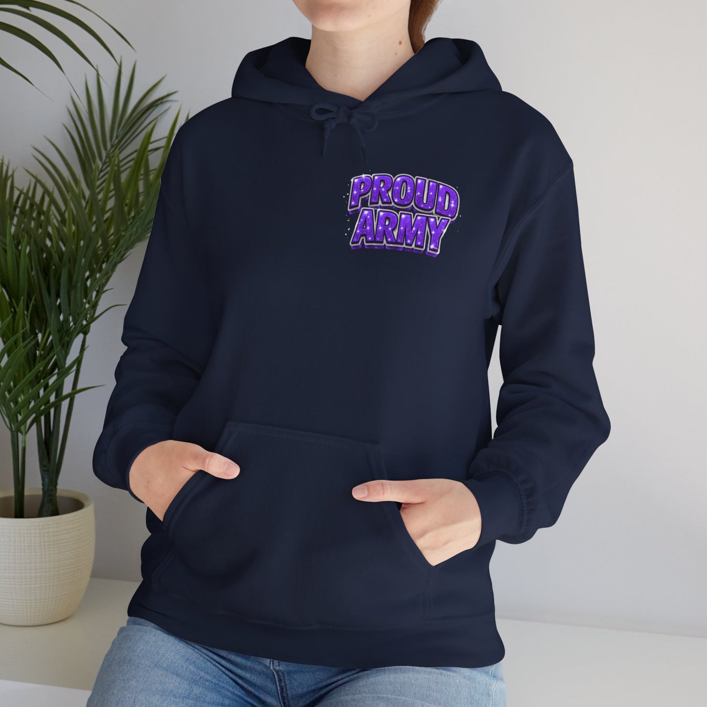 Proud Army Hoodie — Bold Purple Text Military Support Pullover