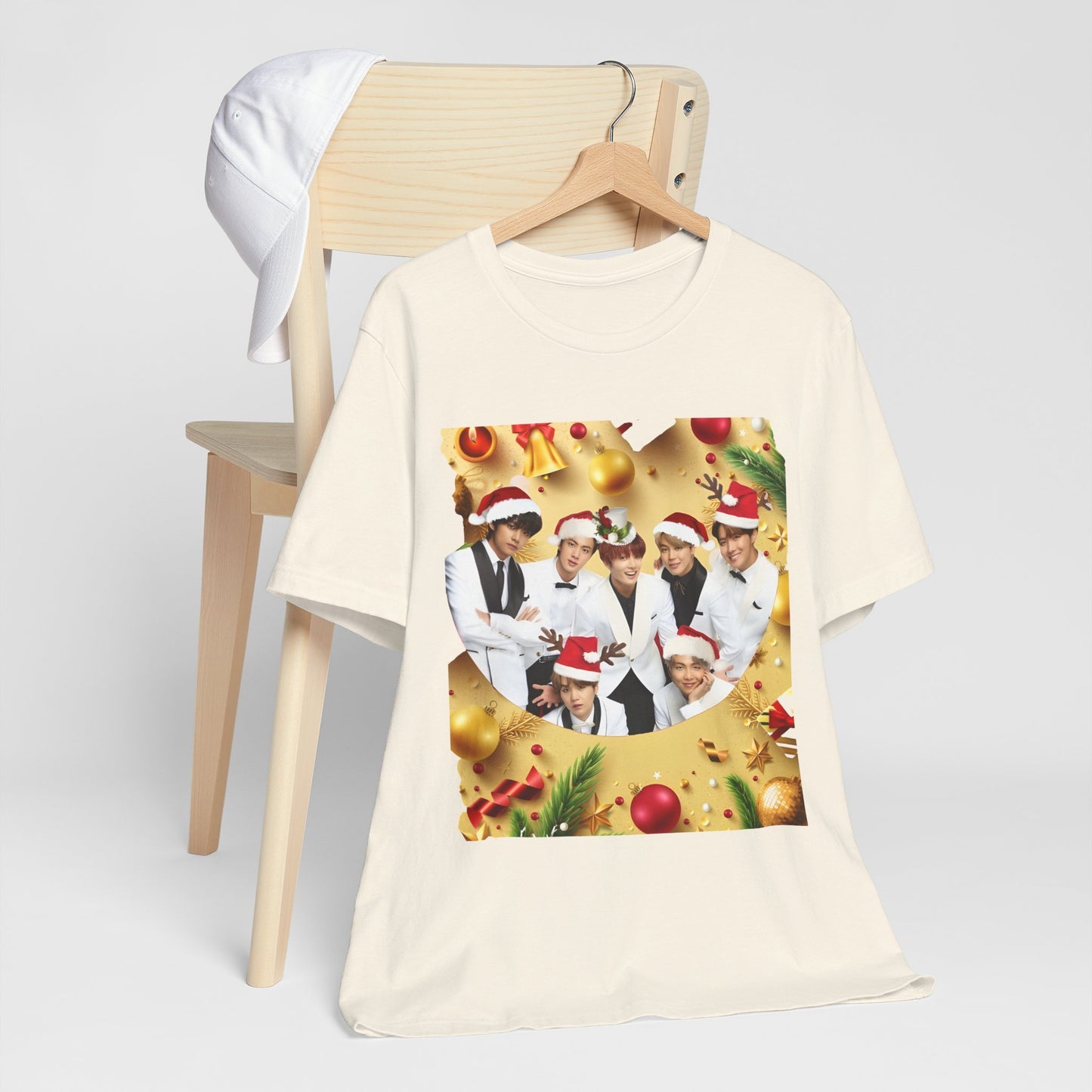 Christmas BTS Photo T‑Shirt — Holiday Santa Hat Group Design