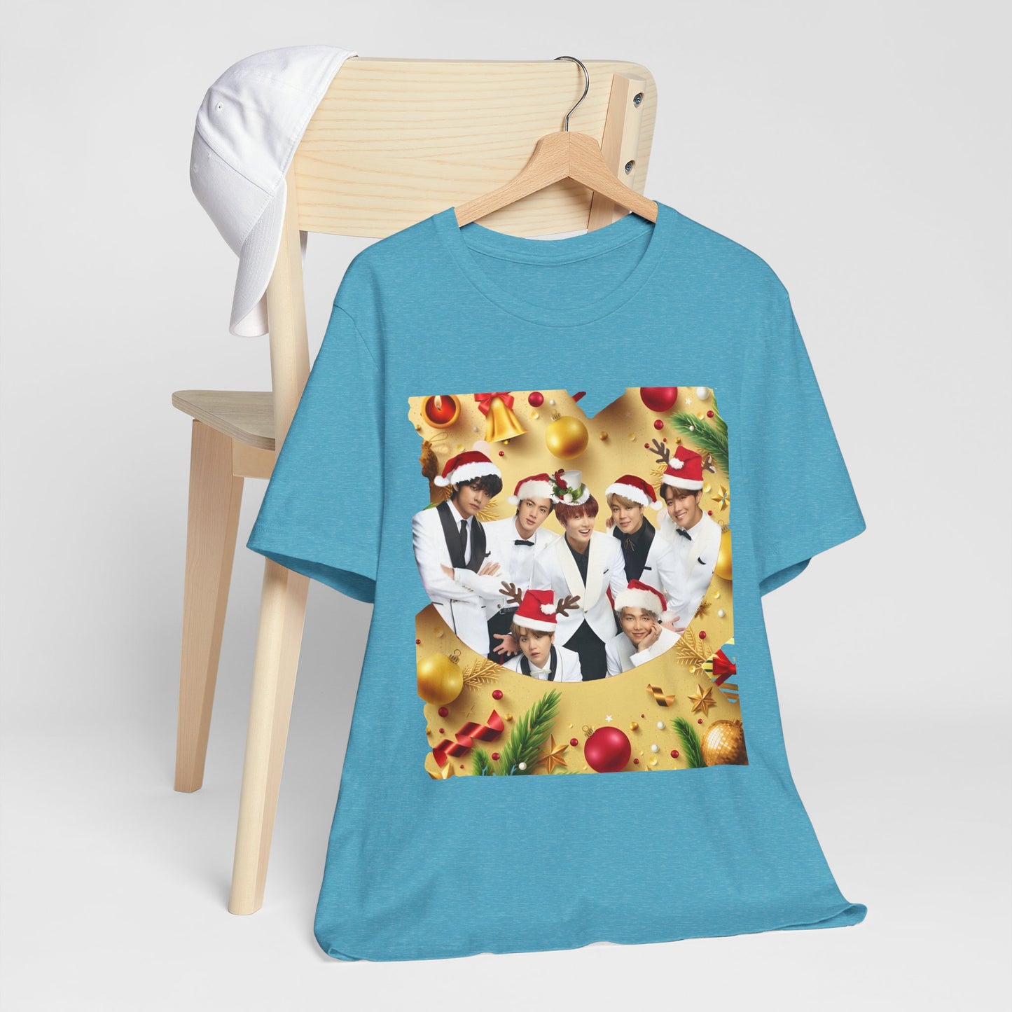 Christmas BTS Photo T‑Shirt — Holiday Santa Hat Group Design