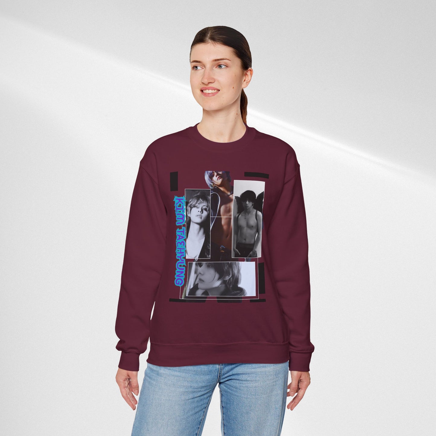 Collage Photo Crewneck Sweatshirt — Retro Portraits with Blue 'KPOP TAEHYUNG' Text
