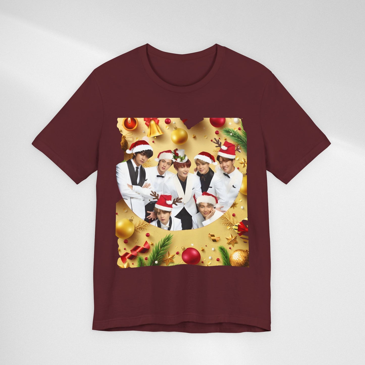 Christmas BTS Photo T‑Shirt — Holiday Santa Hat Group Design