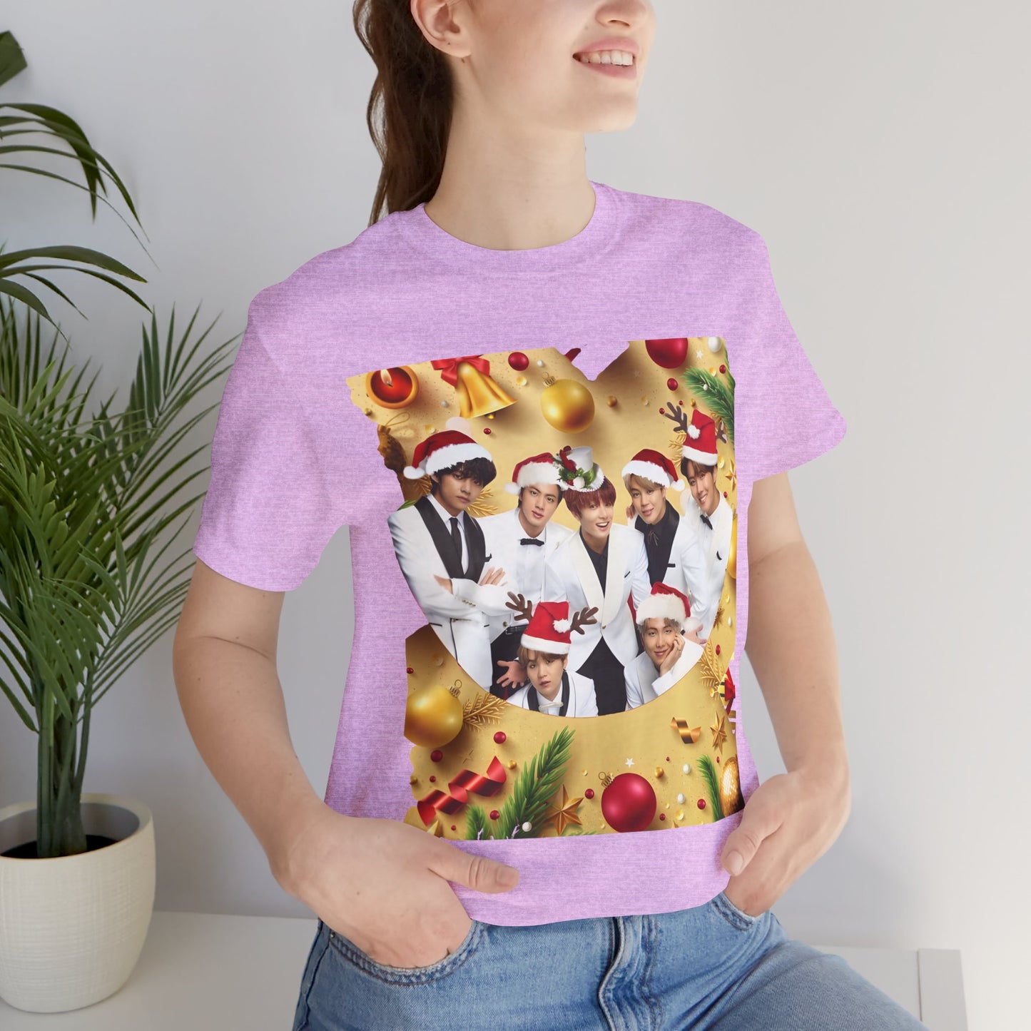 Christmas BTS Photo T‑Shirt — Holiday Santa Hat Group Design