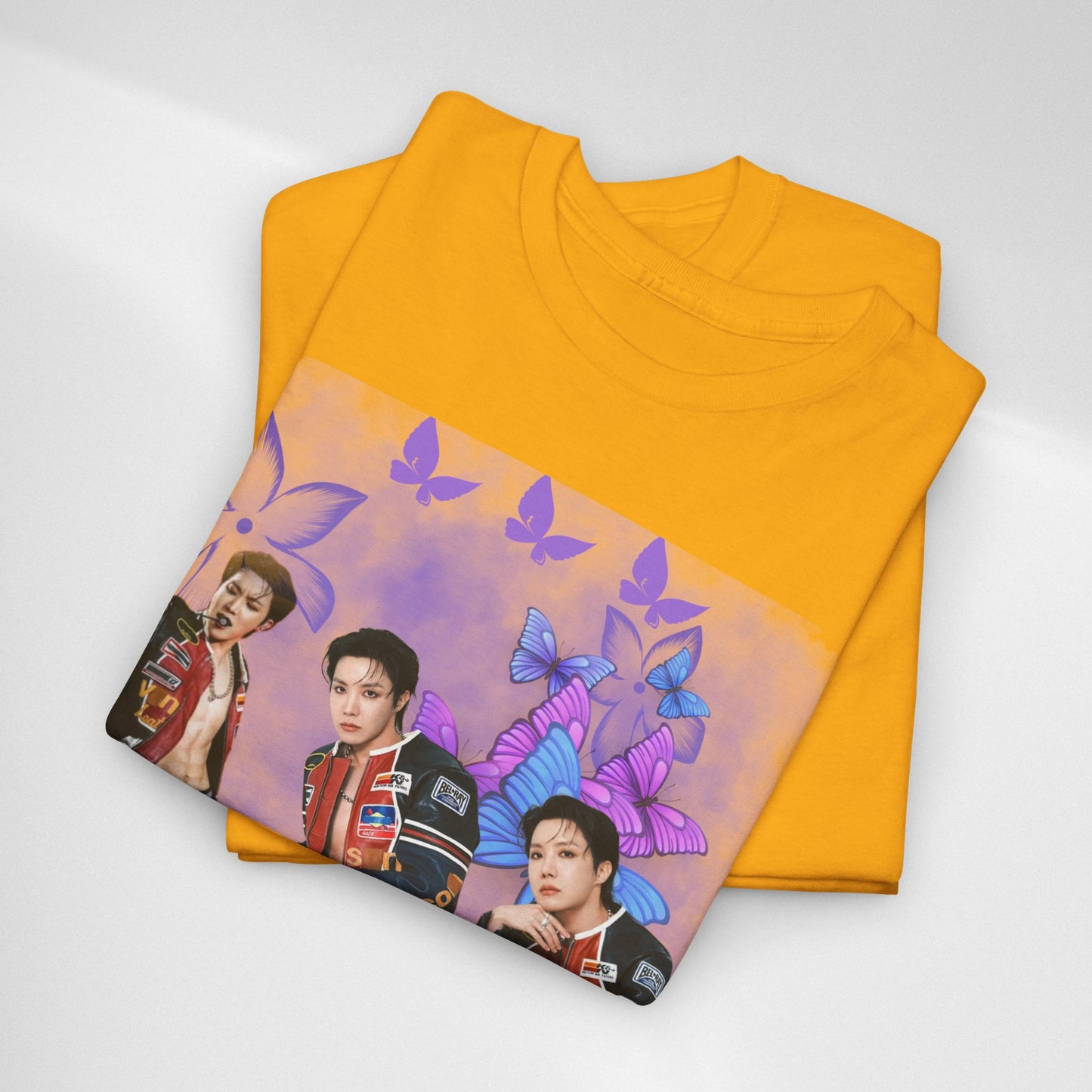 JHOPE Retro Pop Band Portrait Tee — Purple Butterfly Graphic T-Shirt