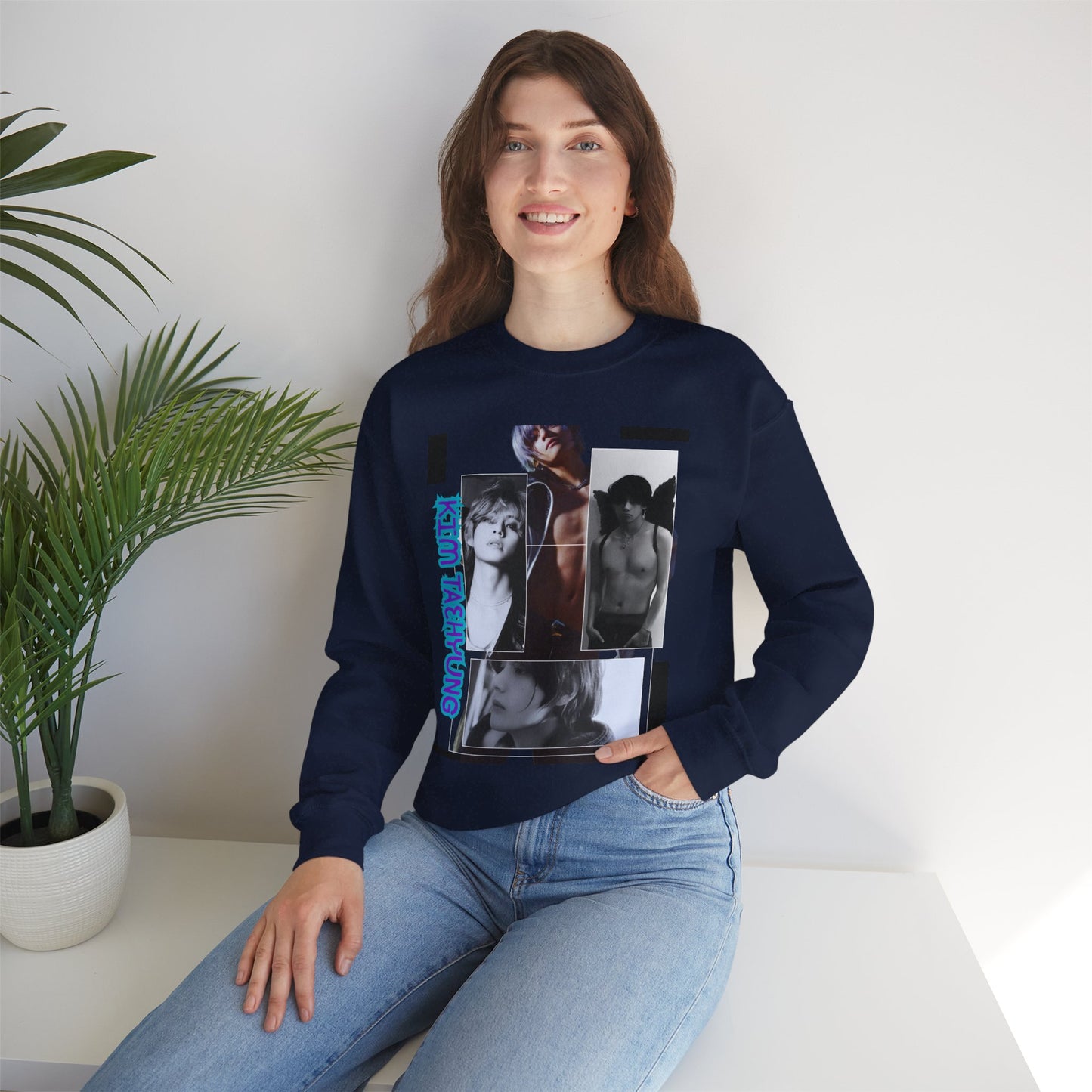 Collage Photo Crewneck Sweatshirt — Retro Portraits with Blue 'KPOP TAEHYUNG' Text