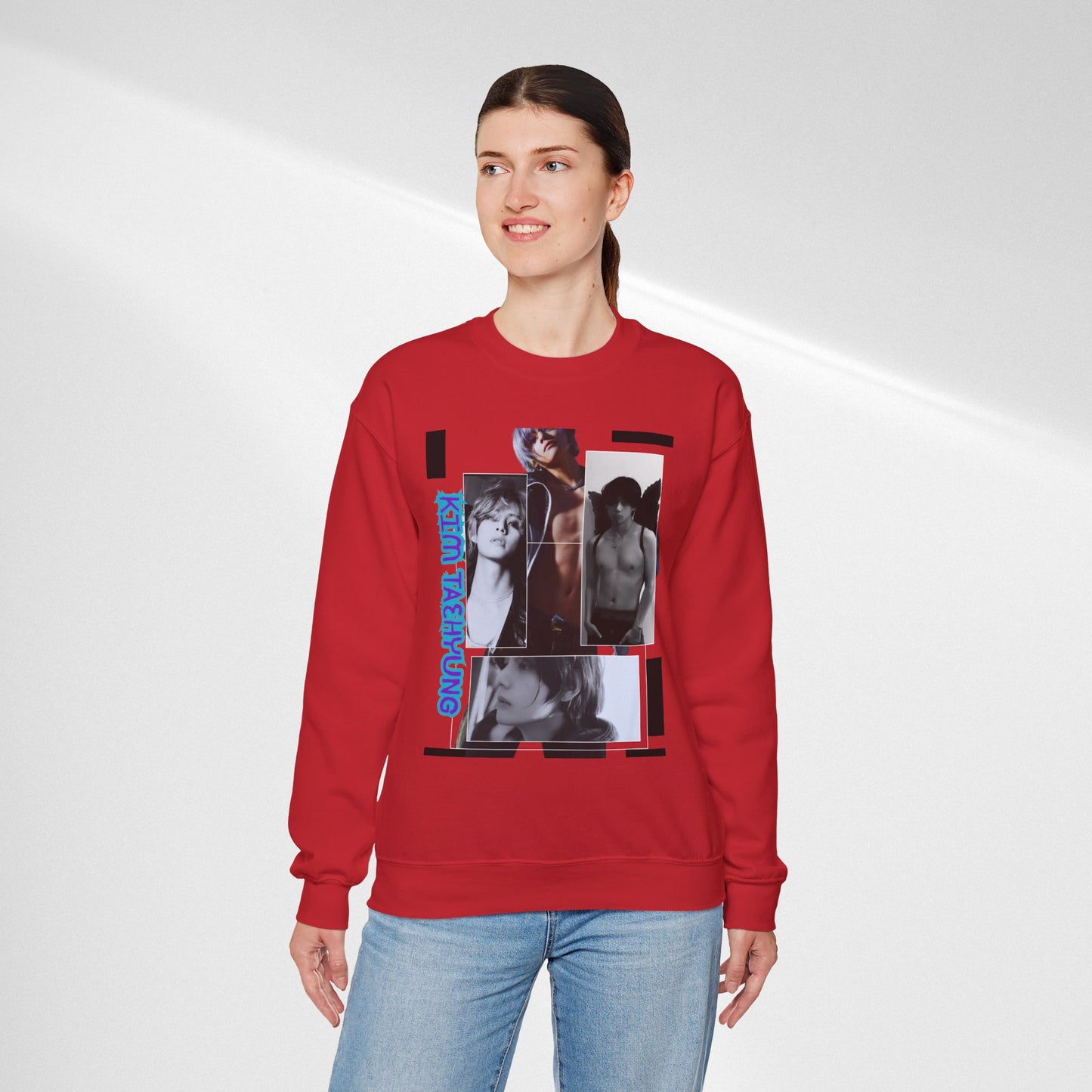 Collage Photo Crewneck Sweatshirt — Retro Portraits with Blue 'KPOP TAEHYUNG' Text