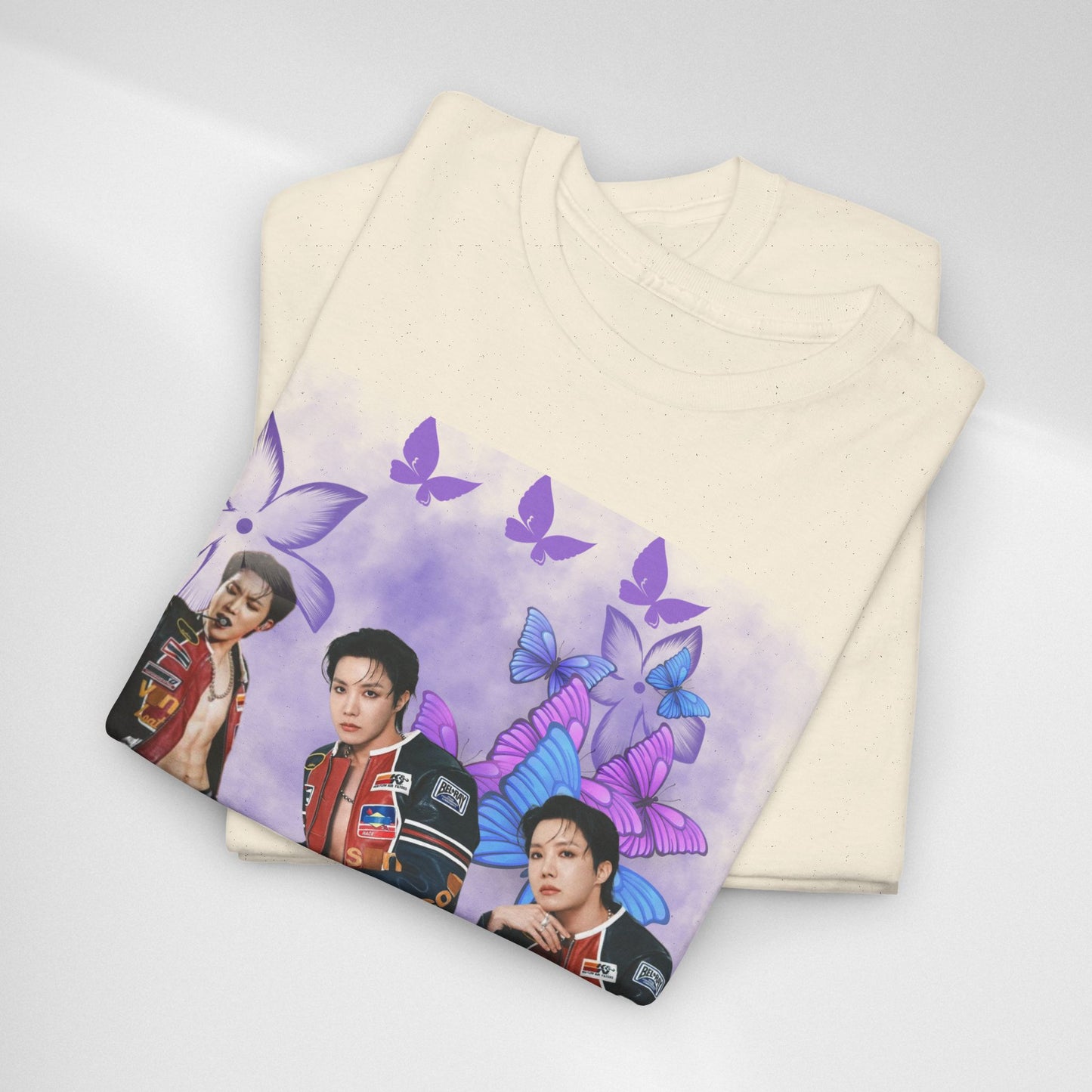 JHOPE Retro Pop Band Portrait Tee — Purple Butterfly Graphic T-Shirt