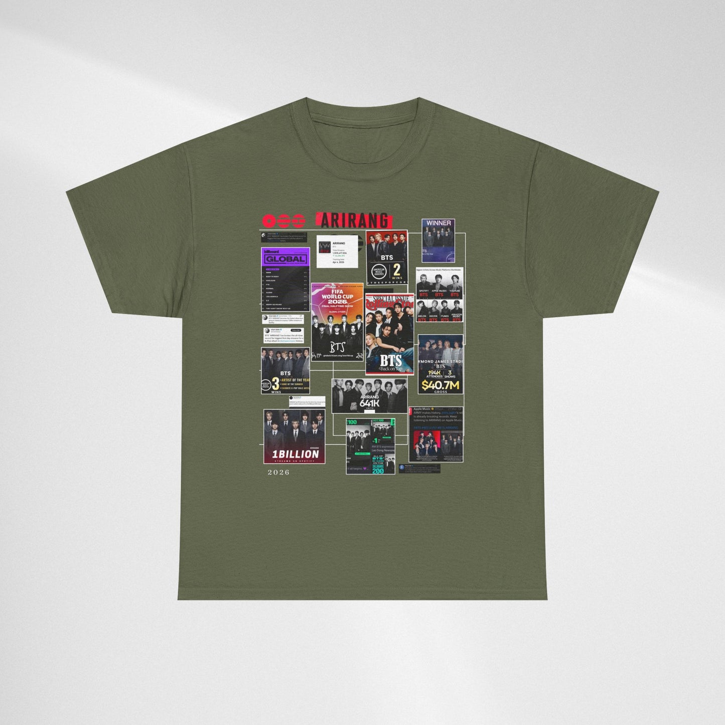 BTS ARIRANG Collage Tee — Iconic Albums & Milestones Graphic T-Shirt