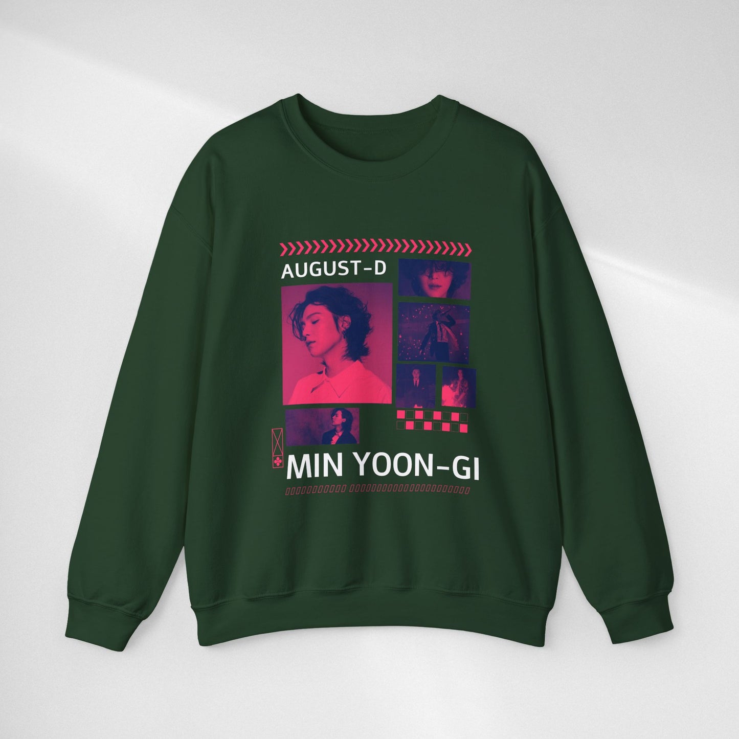 Graphic Crewneck Sweatshirt — 'MIN YOON-GI' Neon Photo Collage
