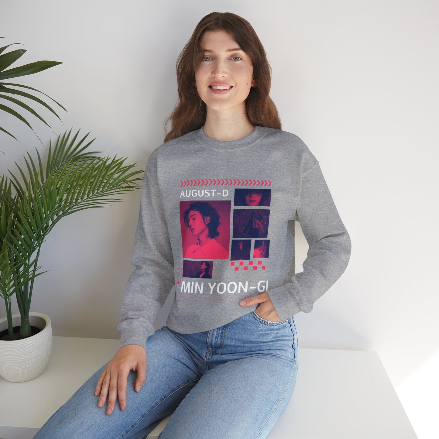 Graphic Crewneck Sweatshirt — 'MIN YOON-GI' Neon Photo Collage