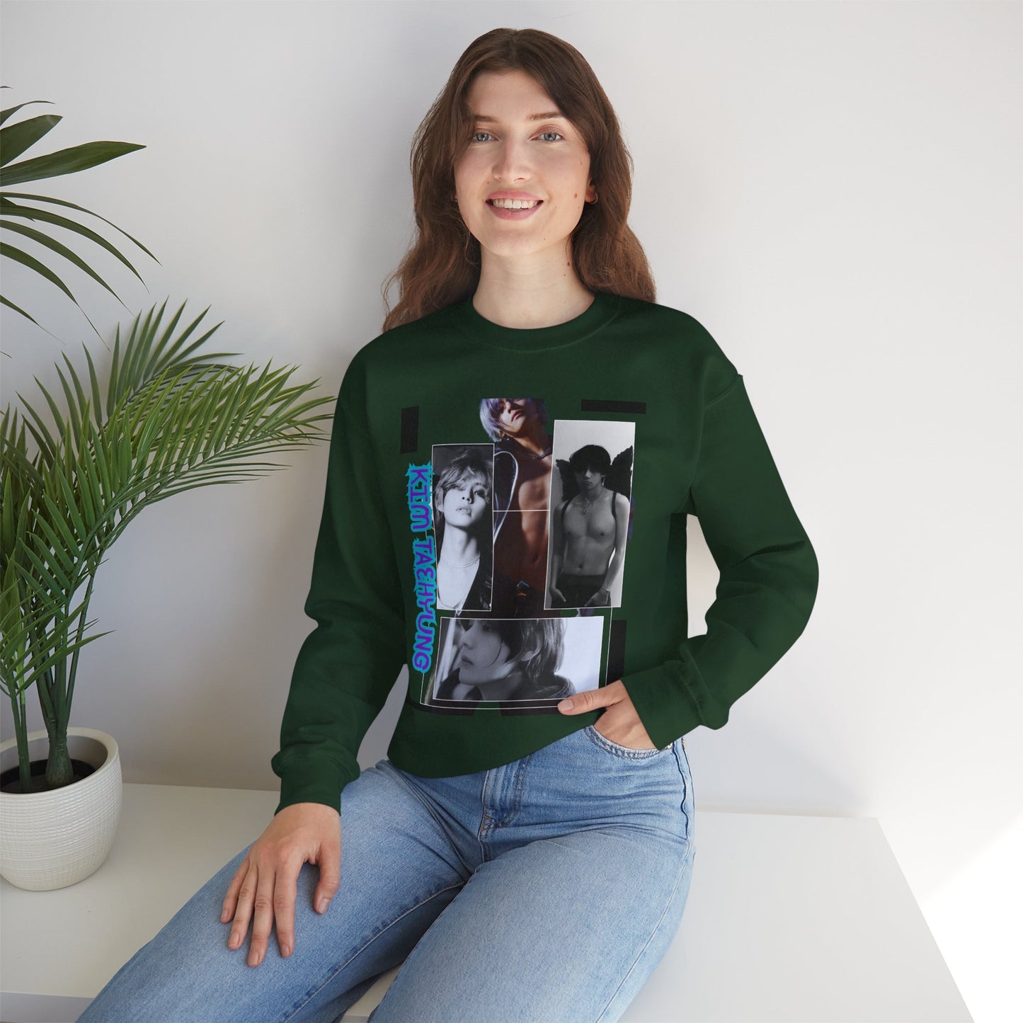 Collage Photo Crewneck Sweatshirt — Retro Portraits with Blue 'KPOP TAEHYUNG' Text