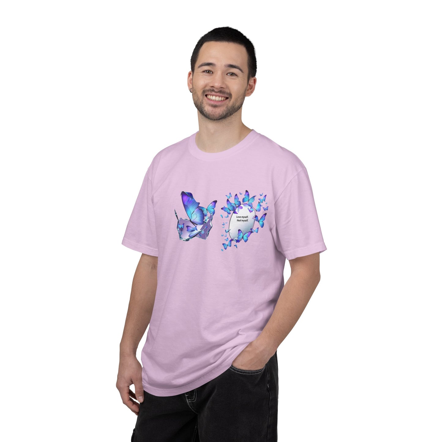 Butterfly Heart T-Shirt — Blue Watercolor Butterflies & "Everyone Deserves Love" Design