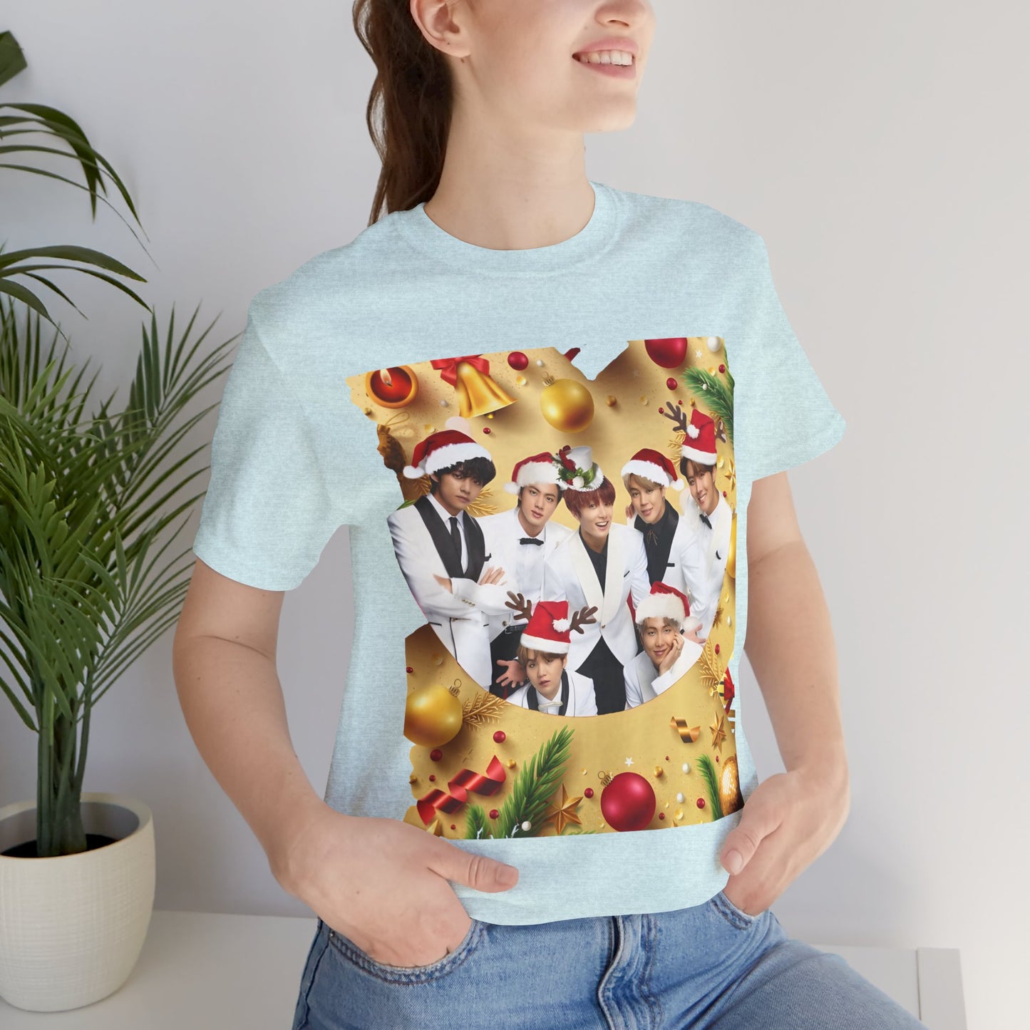 Christmas BTS Photo T‑Shirt — Holiday Santa Hat Group Design