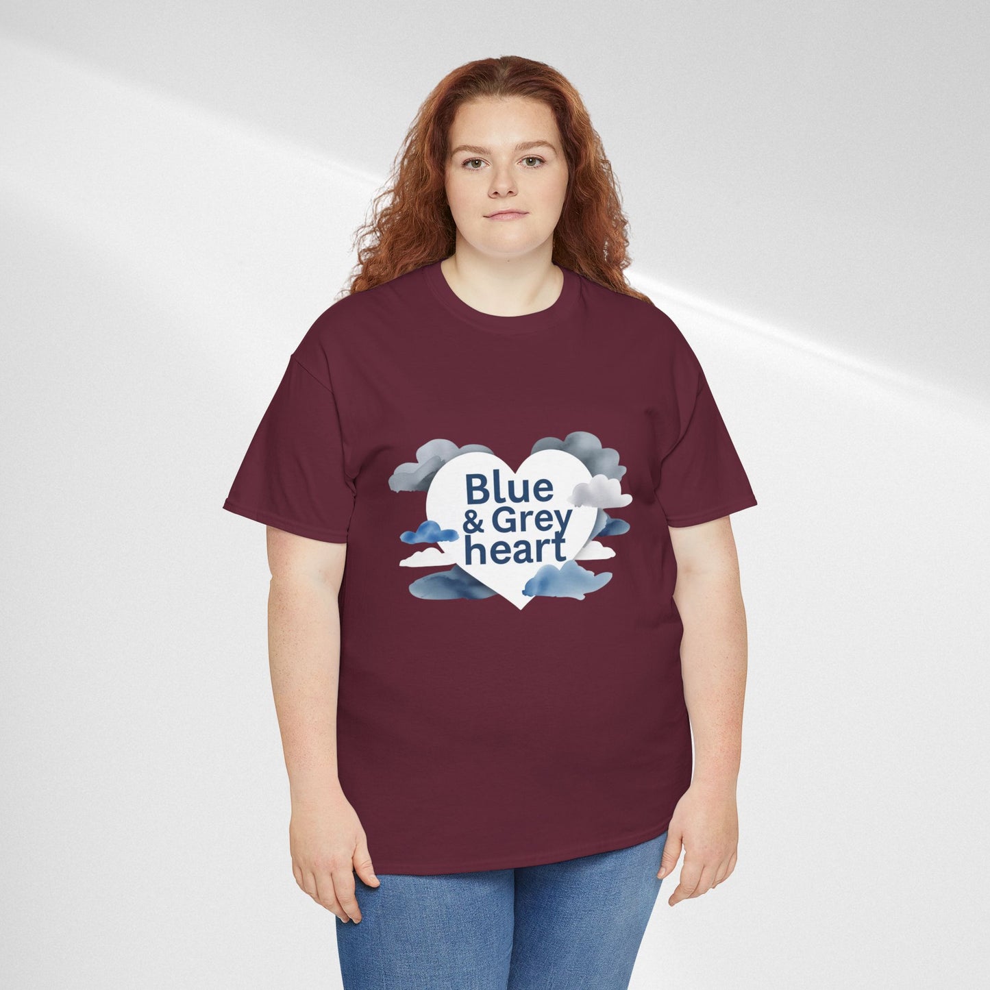 Blue & Grey Heart T-Shirt — Watercolor Cloud Heart Design