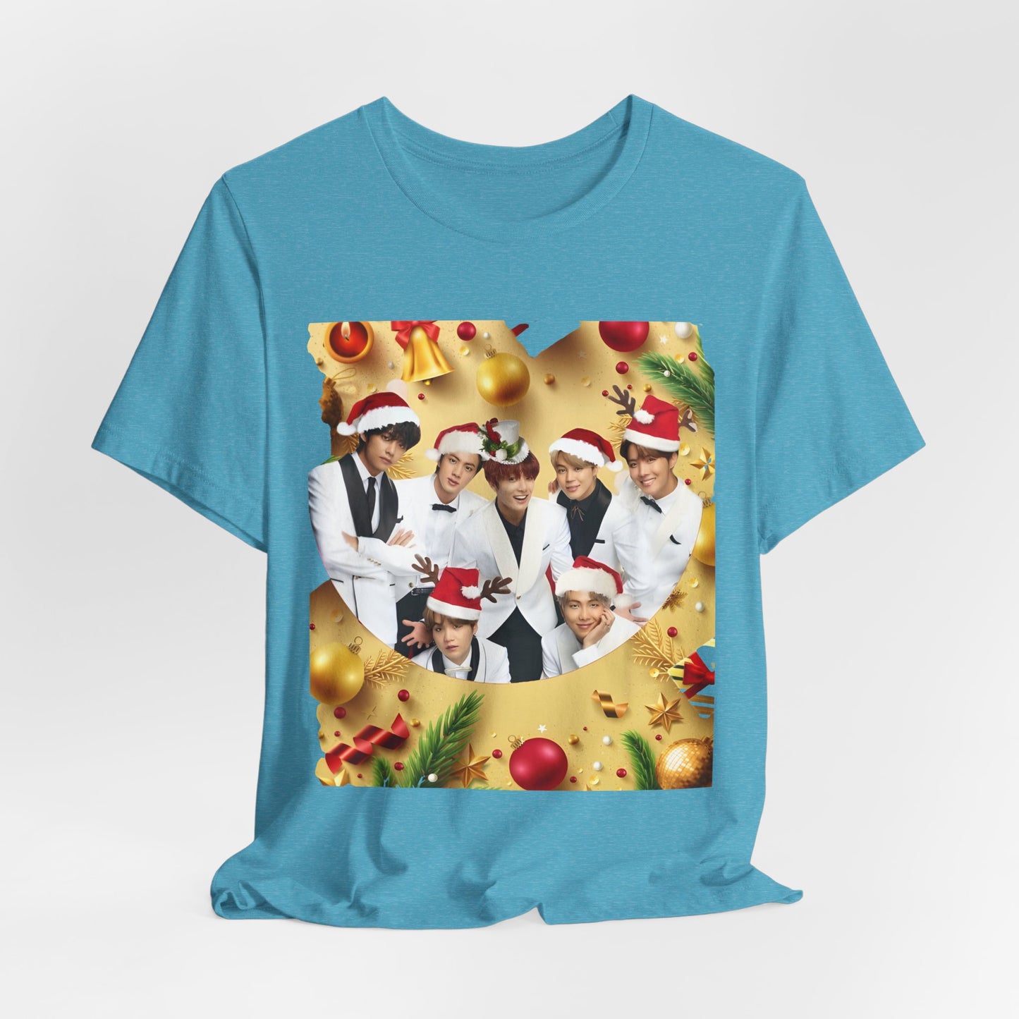 Christmas BTS Photo T‑Shirt — Holiday Santa Hat Group Design