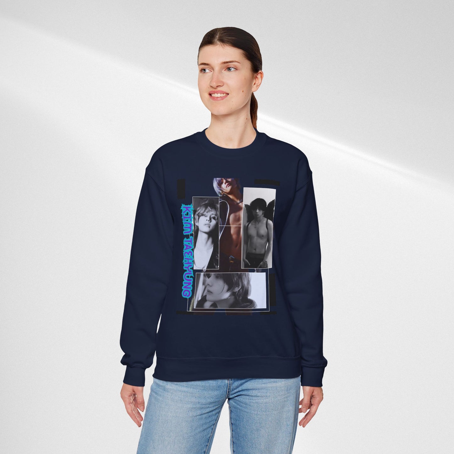 Collage Photo Crewneck Sweatshirt — Retro Portraits with Blue 'KPOP TAEHYUNG' Text