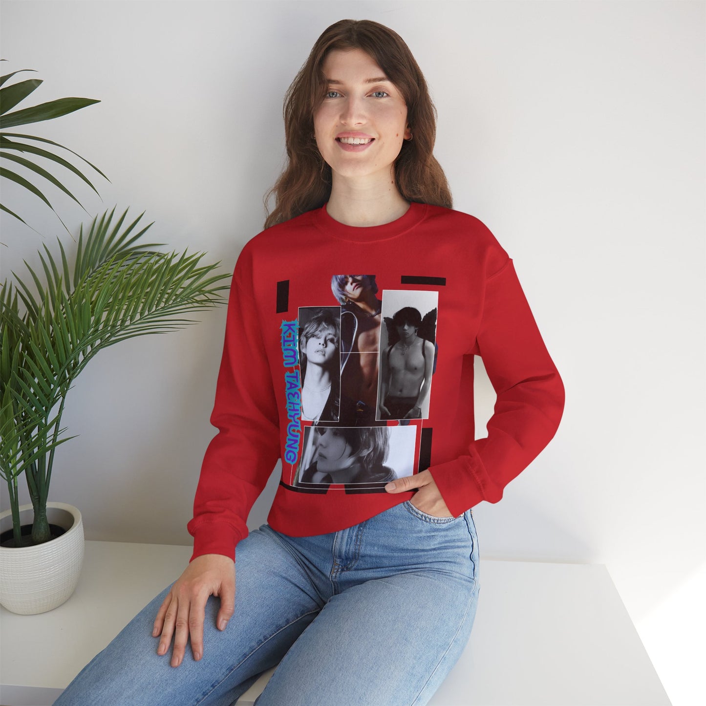 Collage Photo Crewneck Sweatshirt — Retro Portraits with Blue 'KPOP TAEHYUNG' Text