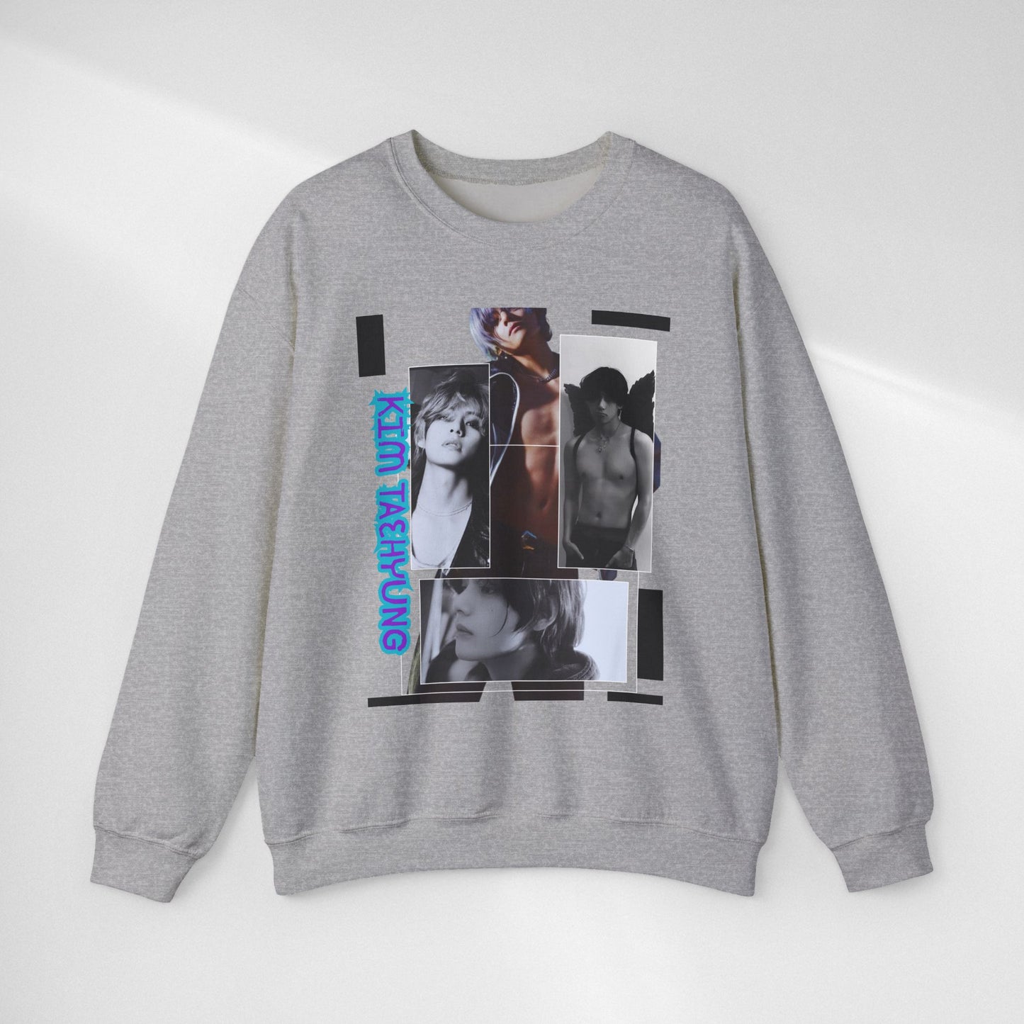 Collage Photo Crewneck Sweatshirt — Retro Portraits with Blue 'KPOP TAEHYUNG' Text