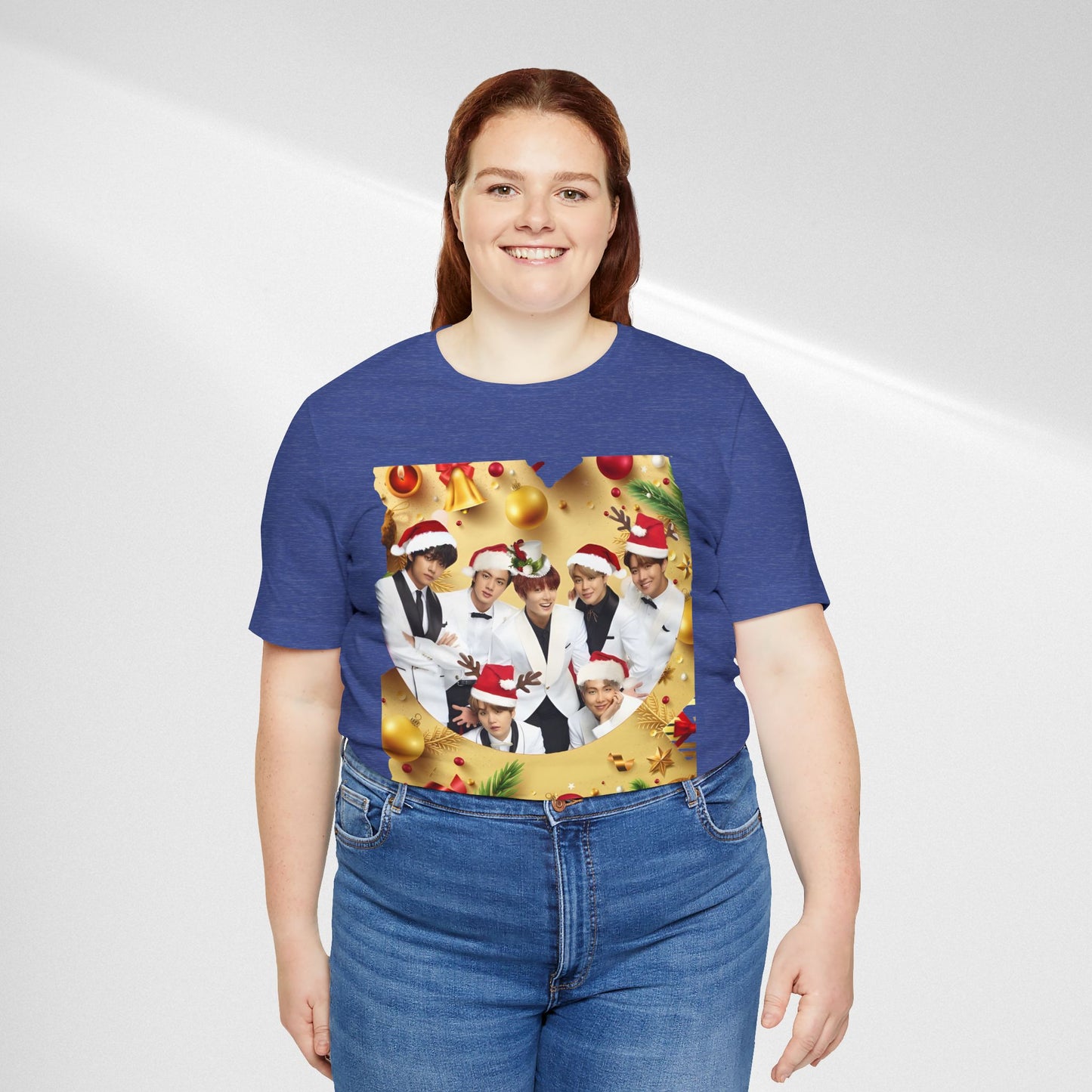 Christmas BTS Photo T‑Shirt — Holiday Santa Hat Group Design
