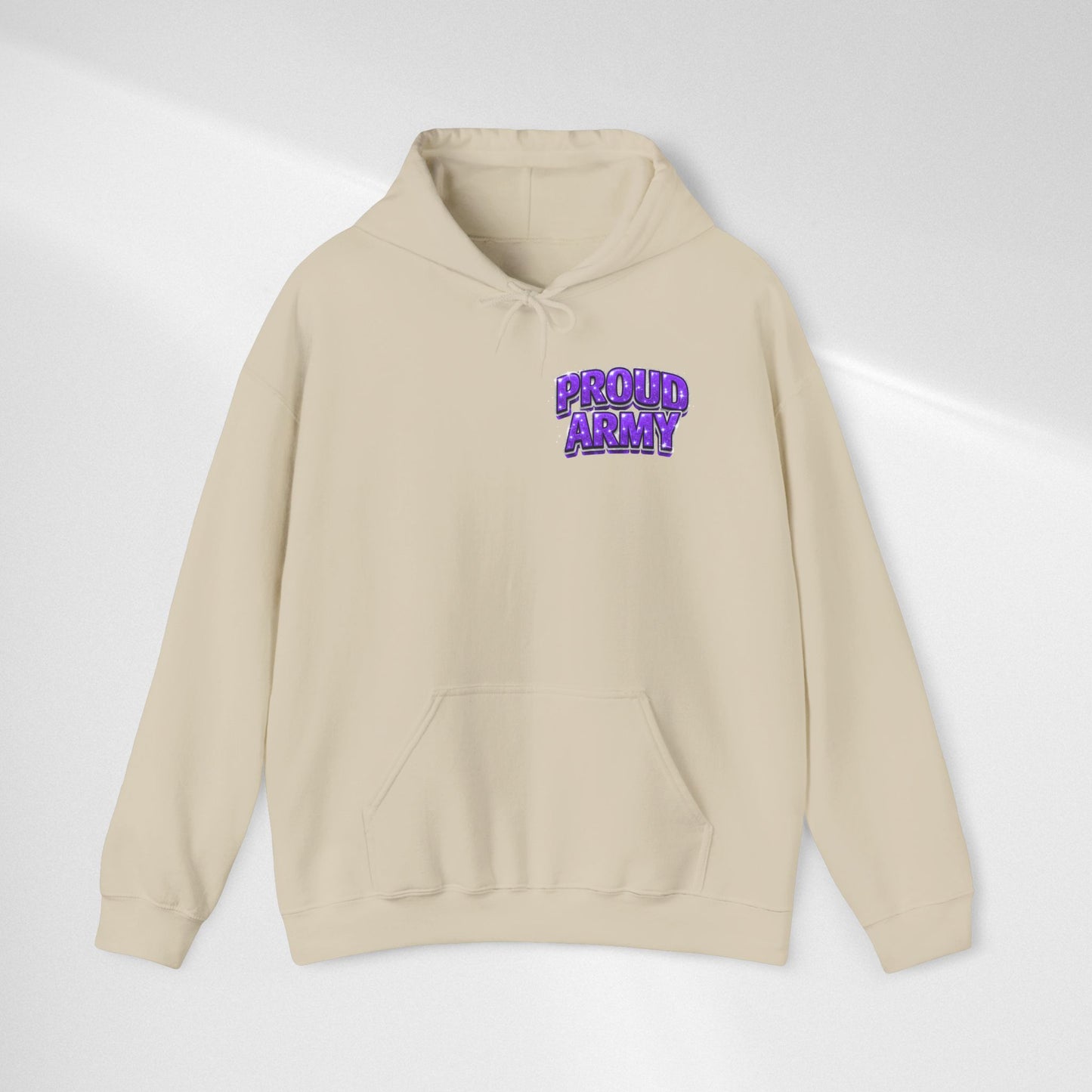 Proud Army Hoodie — Bold Purple Text Military Support Pullover