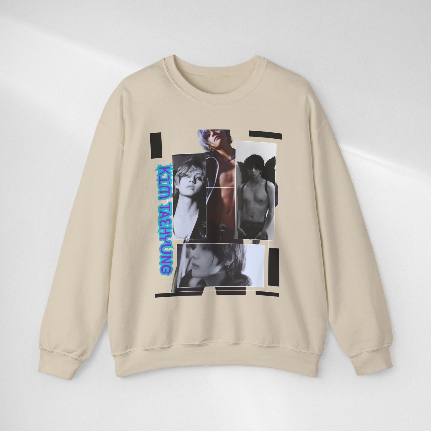 Collage Photo Crewneck Sweatshirt — Retro Portraits with Blue 'KPOP TAEHYUNG' Text