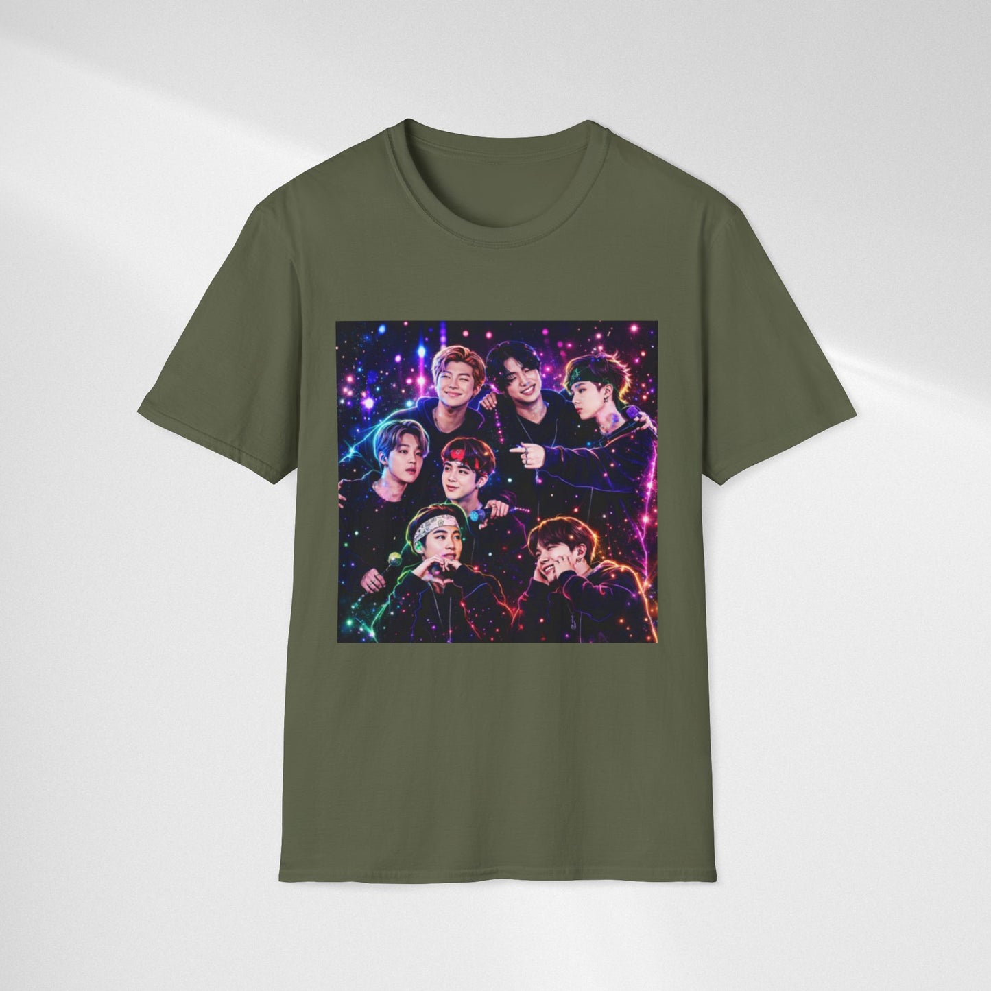 BTS K-Pop Group Photo Tee — Colorful Neon Concert Band Shirt