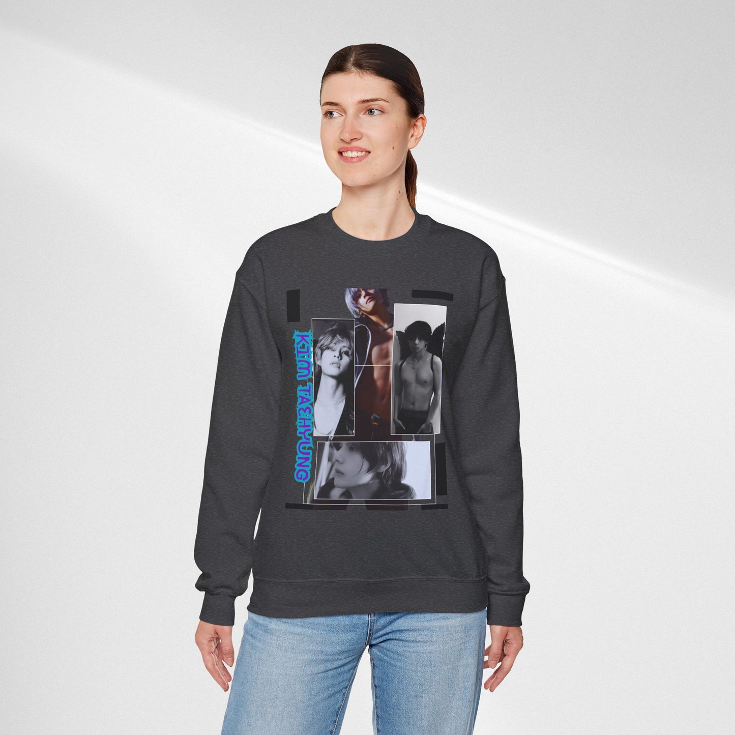 Collage Photo Crewneck Sweatshirt — Retro Portraits with Blue 'KPOP TAEHYUNG' Text