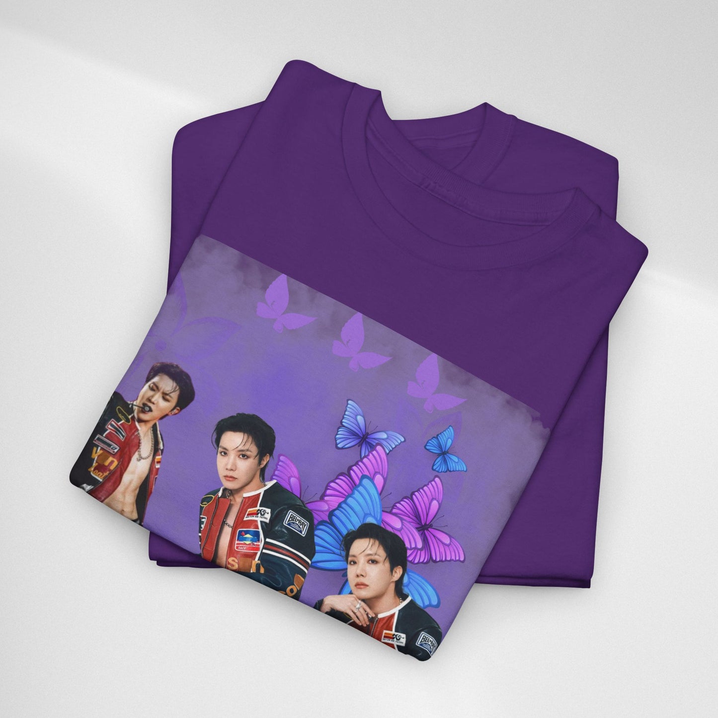 JHOPE Retro Pop Band Portrait Tee — Purple Butterfly Graphic T-Shirt