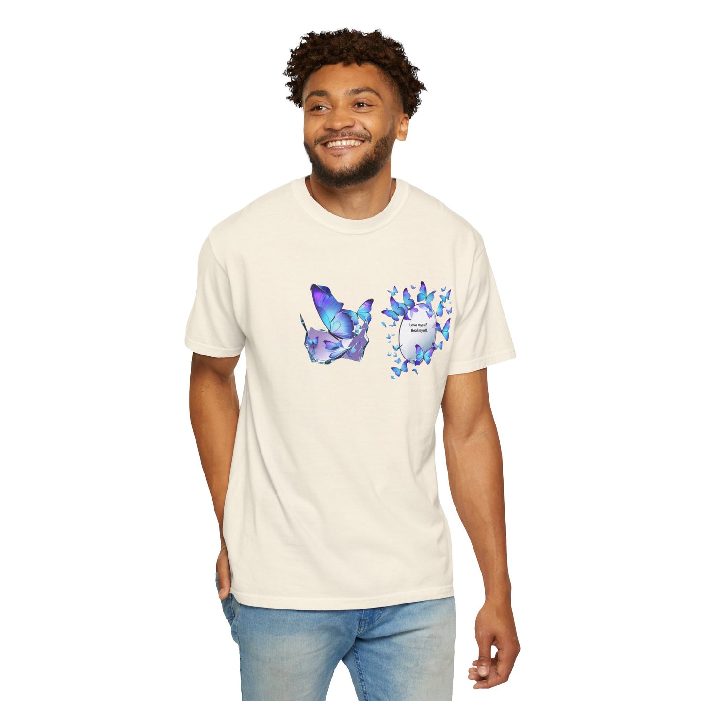 Butterfly Heart T-Shirt — Blue Watercolor Butterflies & "Everyone Deserves Love" Design