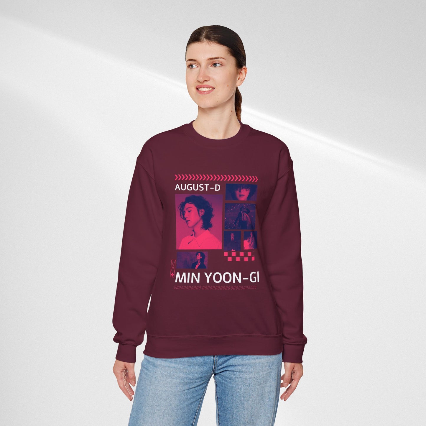 Graphic Crewneck Sweatshirt — 'MIN YOON-GI' Neon Photo Collage