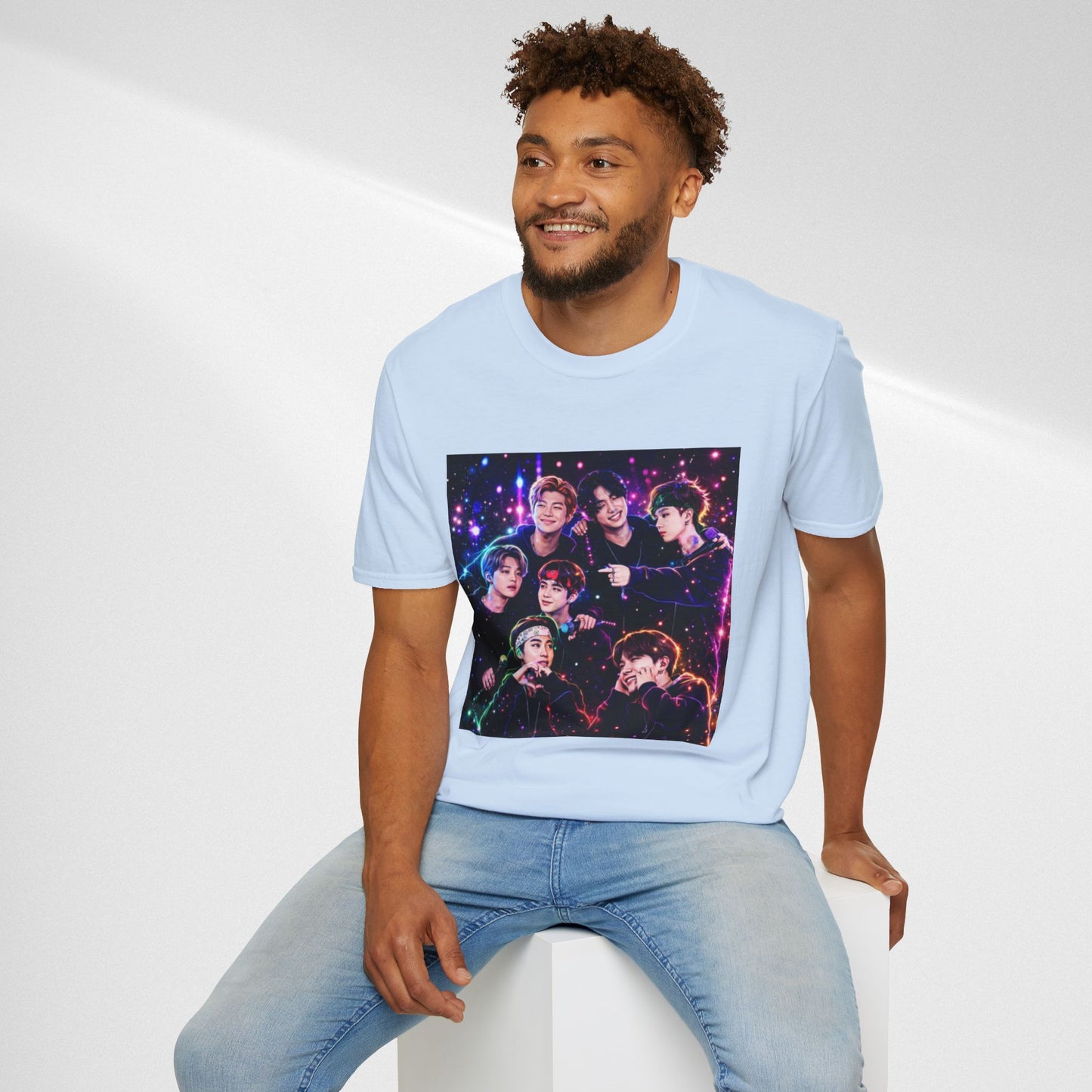 BTS K-Pop Group Photo Tee — Colorful Neon Concert Band Shirt