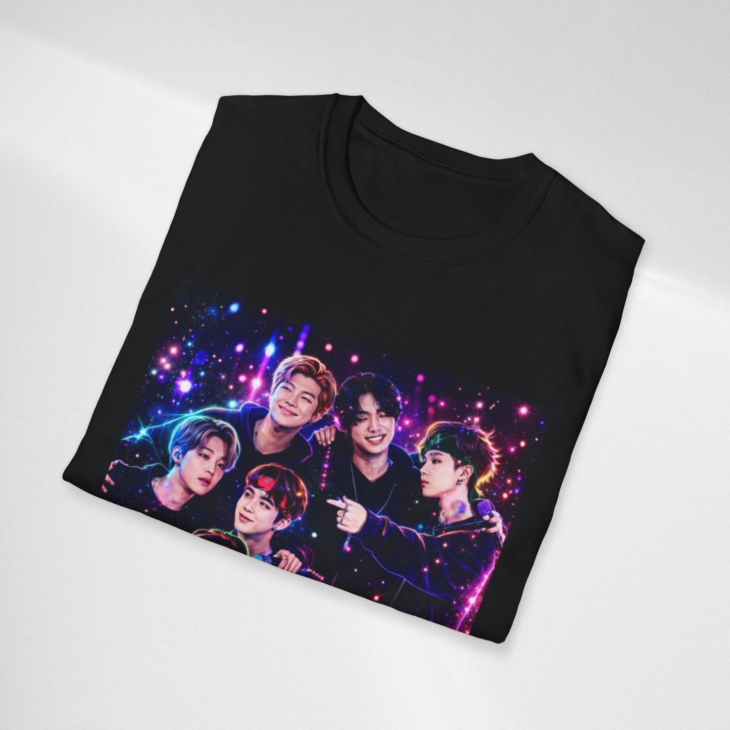 BTS K-Pop Group Photo Tee — Colorful Neon Concert Band Shirt