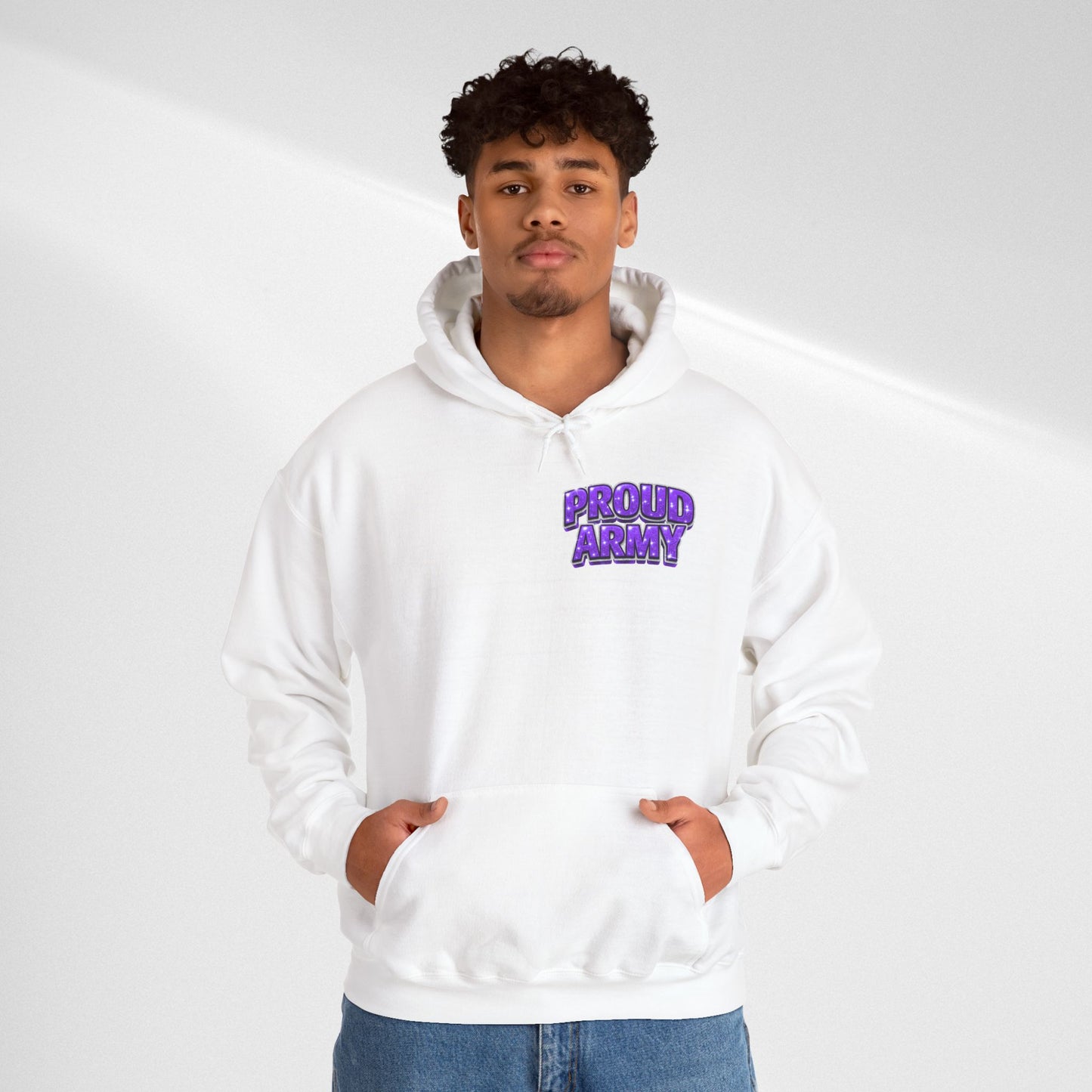 Proud Army Hoodie — Bold Purple Text Military Support Pullover